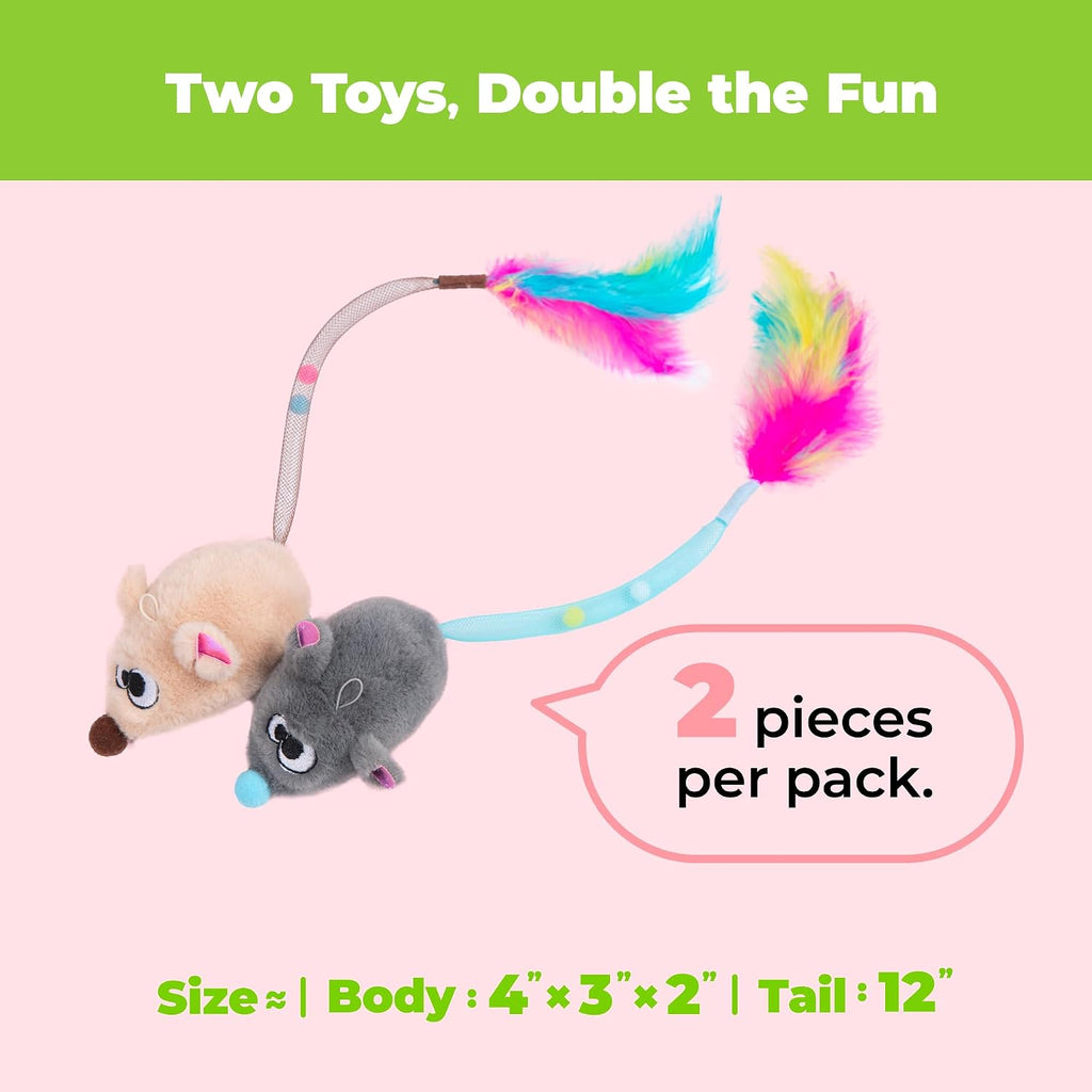Catify Interactive Cat Toy - Squeaking Mice Set, Beige & Gray | Catnip Infused, Tap to Activate Squeaks, Soft, For Indoor Kittens & Cats, Independent Play, Attaches to Wand, Pack of 2