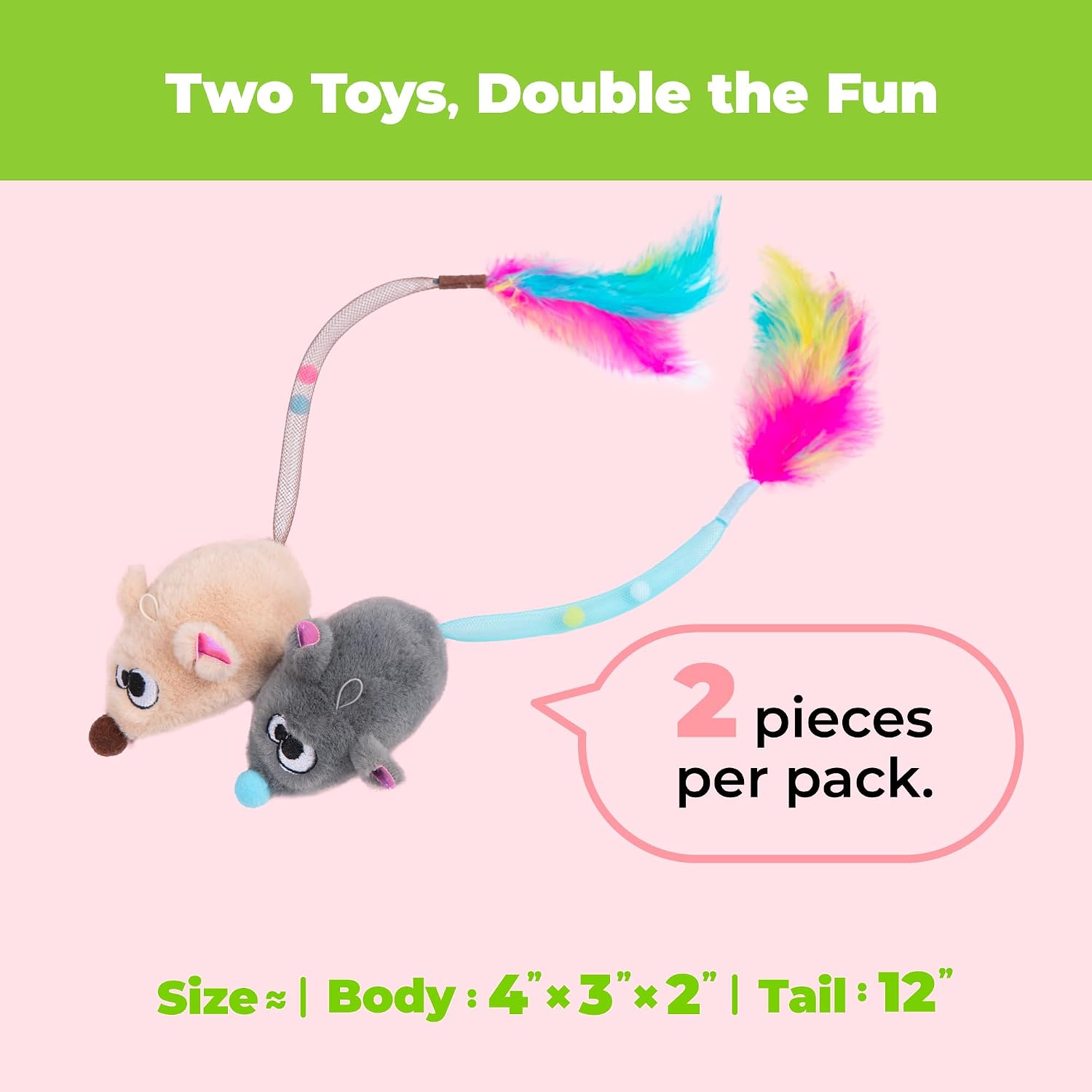 Catify Interactive Cat Toy - Squeaking Mice Set, Beige & Gray | Catnip Infused, Tap to Activate Squeaks, Soft, For Indoor Kittens & Cats, Independent Play, Attaches to Wand, Pack of 2