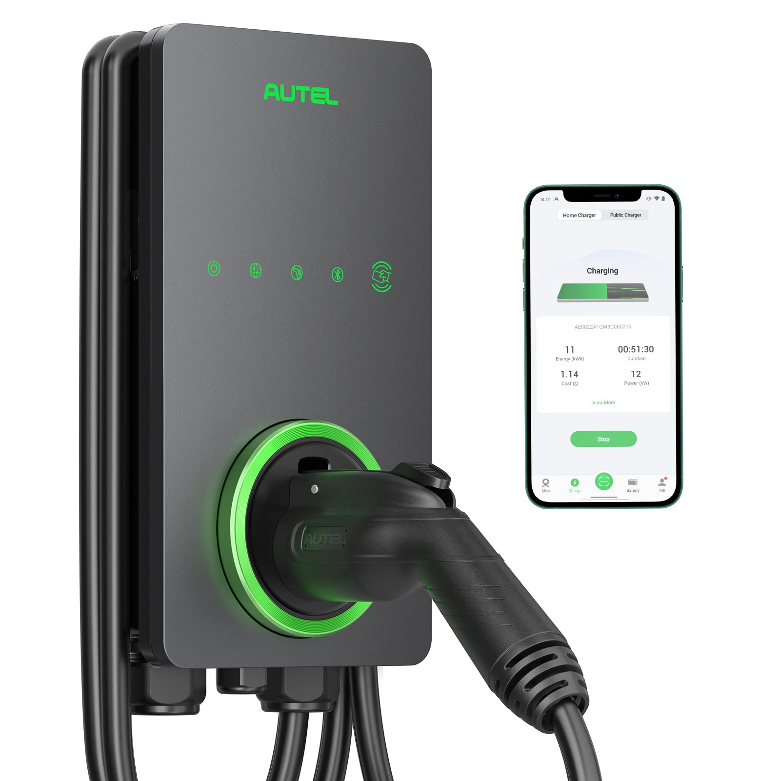 Autel Home Smart Electric Vehicle (EV) Charger up to 50Amp, 240V, Indoor/Outdoor Car Charging Station with Level 2, Wi-Fi and Bluetooth Enabled EVSE, 25-Foot Cable,Wood Grain