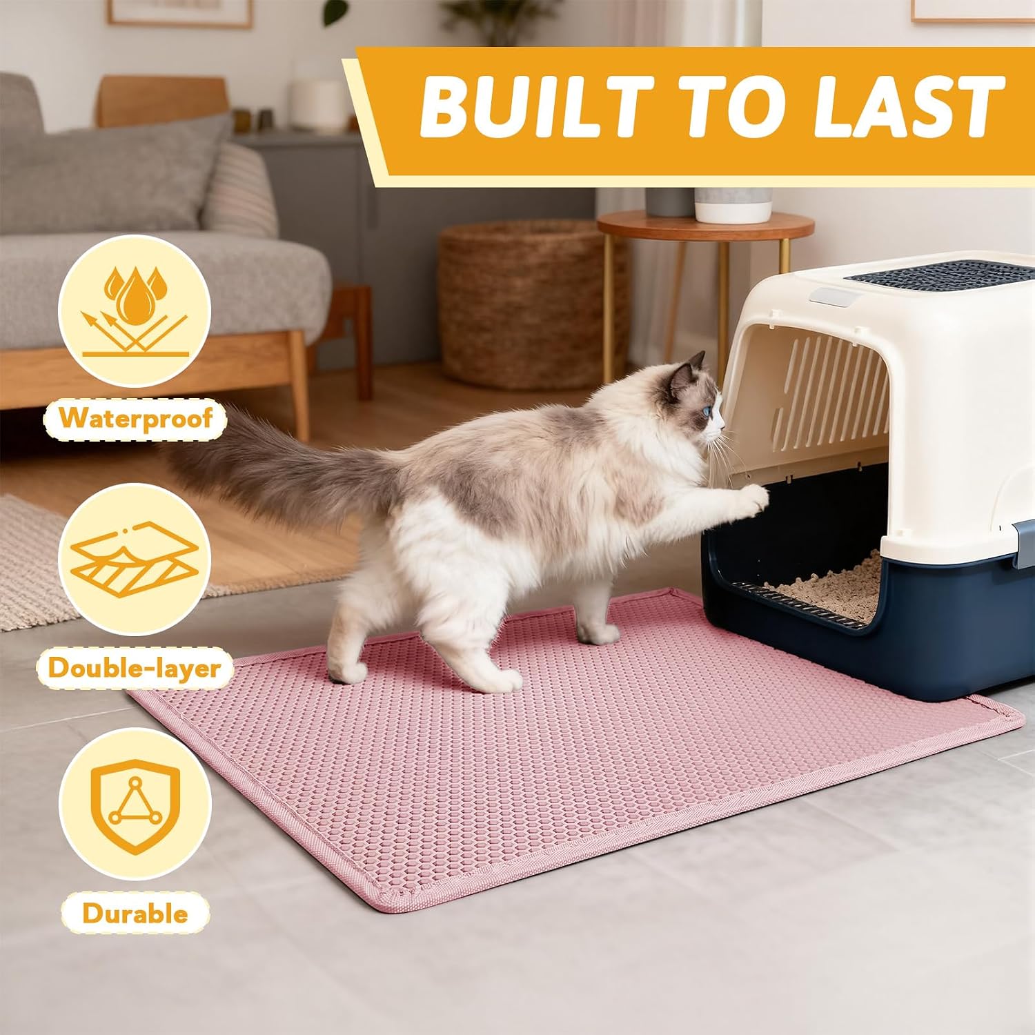 Pieviev Cat Litter Mat, Double-Layer Waterproof Litter Trap, 24" x 15" Gray | Honeycomb Design Catches Scattered Particles to Stop Tracking, Urineproof Base Protects Floors, Easy to Clean