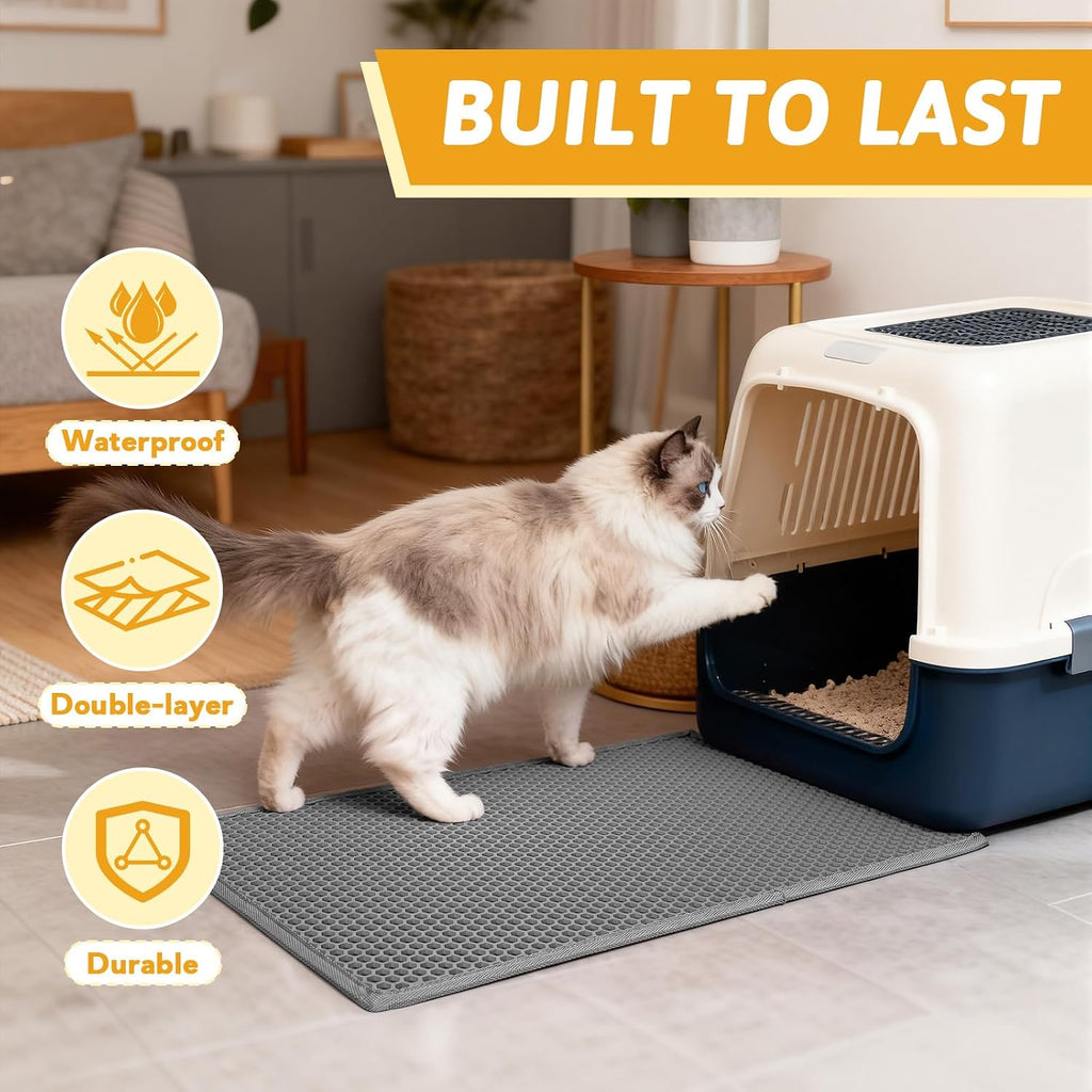 Pieviev Cat Litter Mat, Double-Layer Waterproof Litter Trap, 24" x 15" Gray | Honeycomb Design Catches Scattered Particles to Stop Tracking, Urineproof Base Protects Floors, Easy to Clean