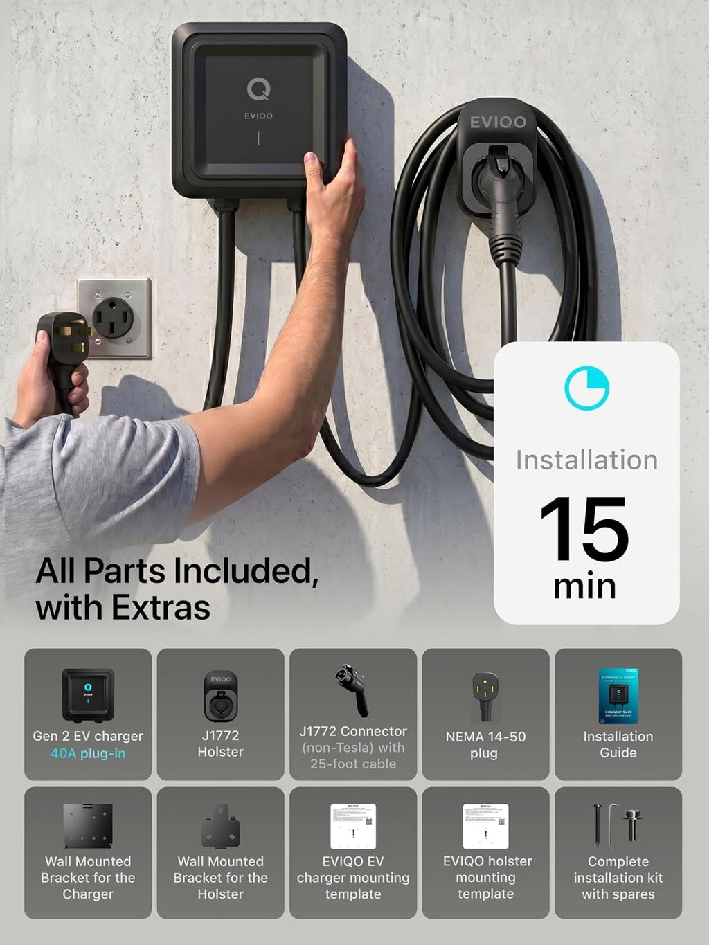 Level 2 EV Charger J1772 48A - Hardwired 240V Wall Charging Station | up to 50 mph, 25ft Cable, Enhanced WiFi (2.4GHz), Smart App, Weatherproof Indoor/Outdoor (IP66, NEMA 4), UL & ETL Certified
