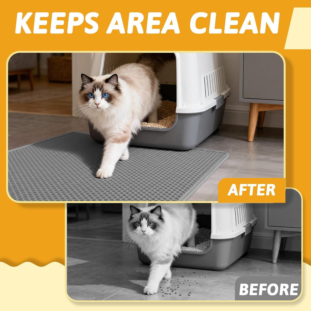 Pieviev Cat Litter Mat, Double-Layer Waterproof Litter Trap, 24" x 15" Gray | Honeycomb Design Catches Scattered Particles to Stop Tracking, Urineproof Base Protects Floors, Easy to Clean