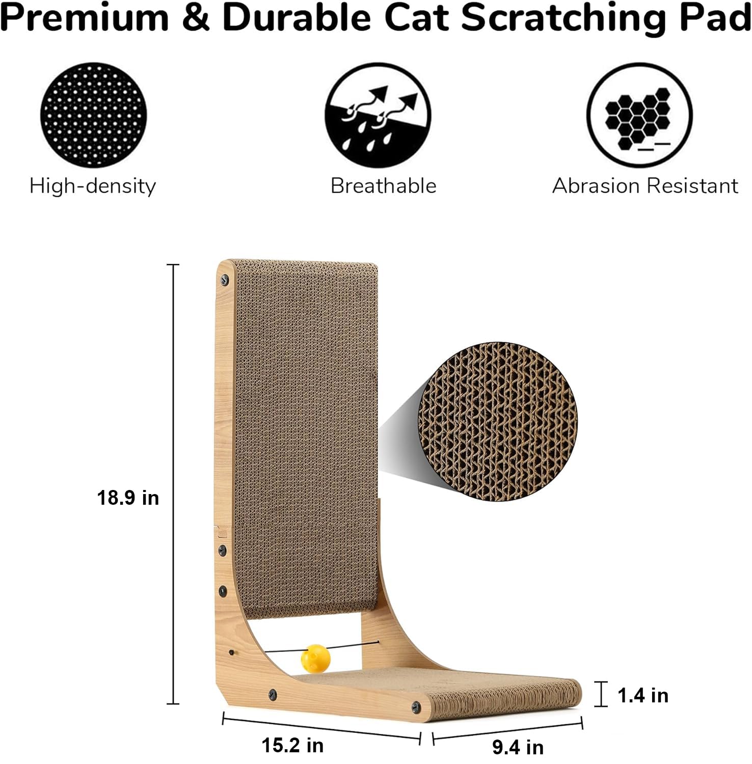 FUKUMARU Cat Scratcher, 26.8 Inch L Shaped Cat Scratch Pad for Indoor Cats | Vertical Cat Scratching Board with Ball Cat Toy, Cardboard Cat Scratcher for Wall Sofa Couch, Kitten Scratching Post, Large