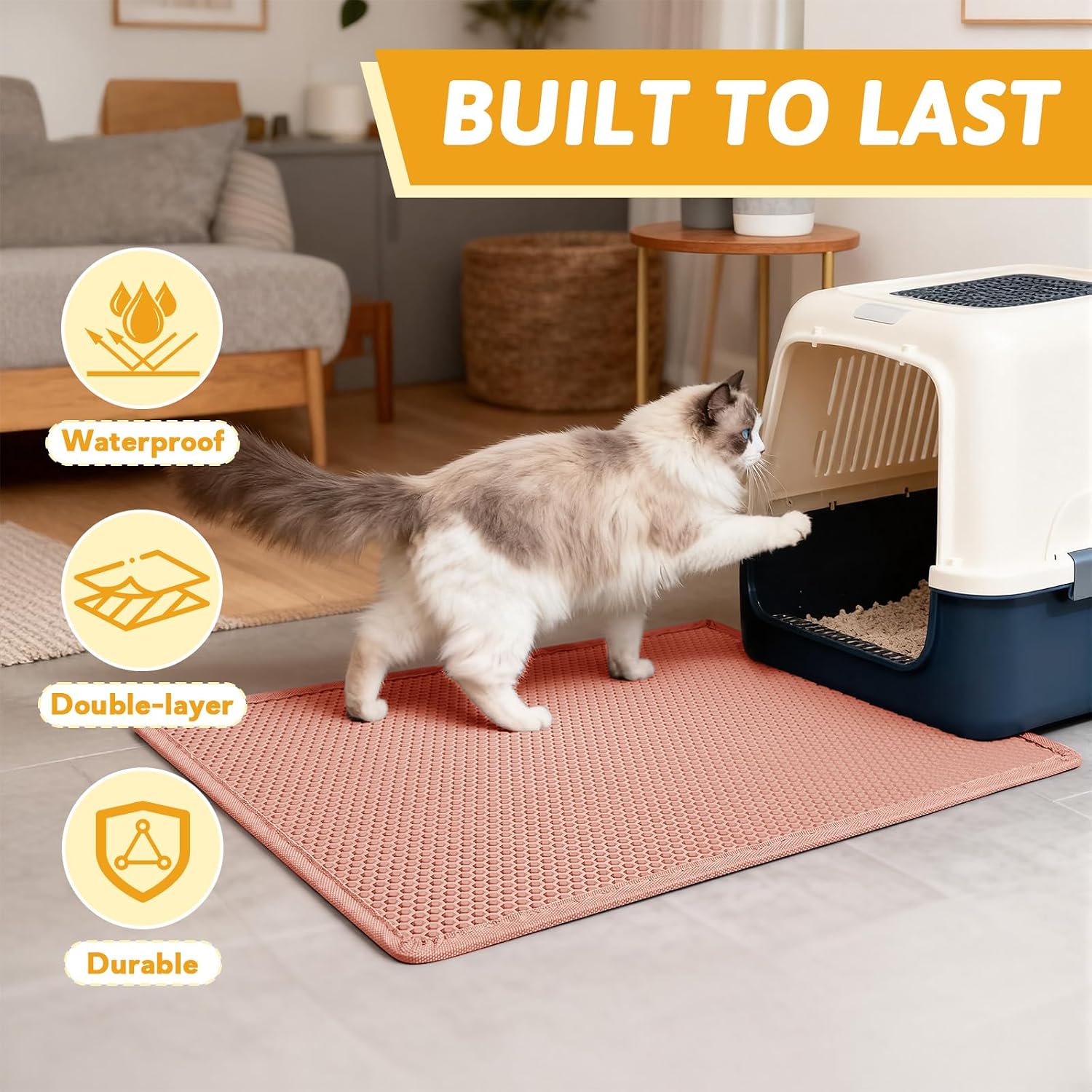 Pieviev Cat Litter Mat, Double-Layer Waterproof Litter Trap, 24" x 15" Gray | Honeycomb Design Catches Scattered Particles to Stop Tracking, Urineproof Base Protects Floors, Easy to Clean