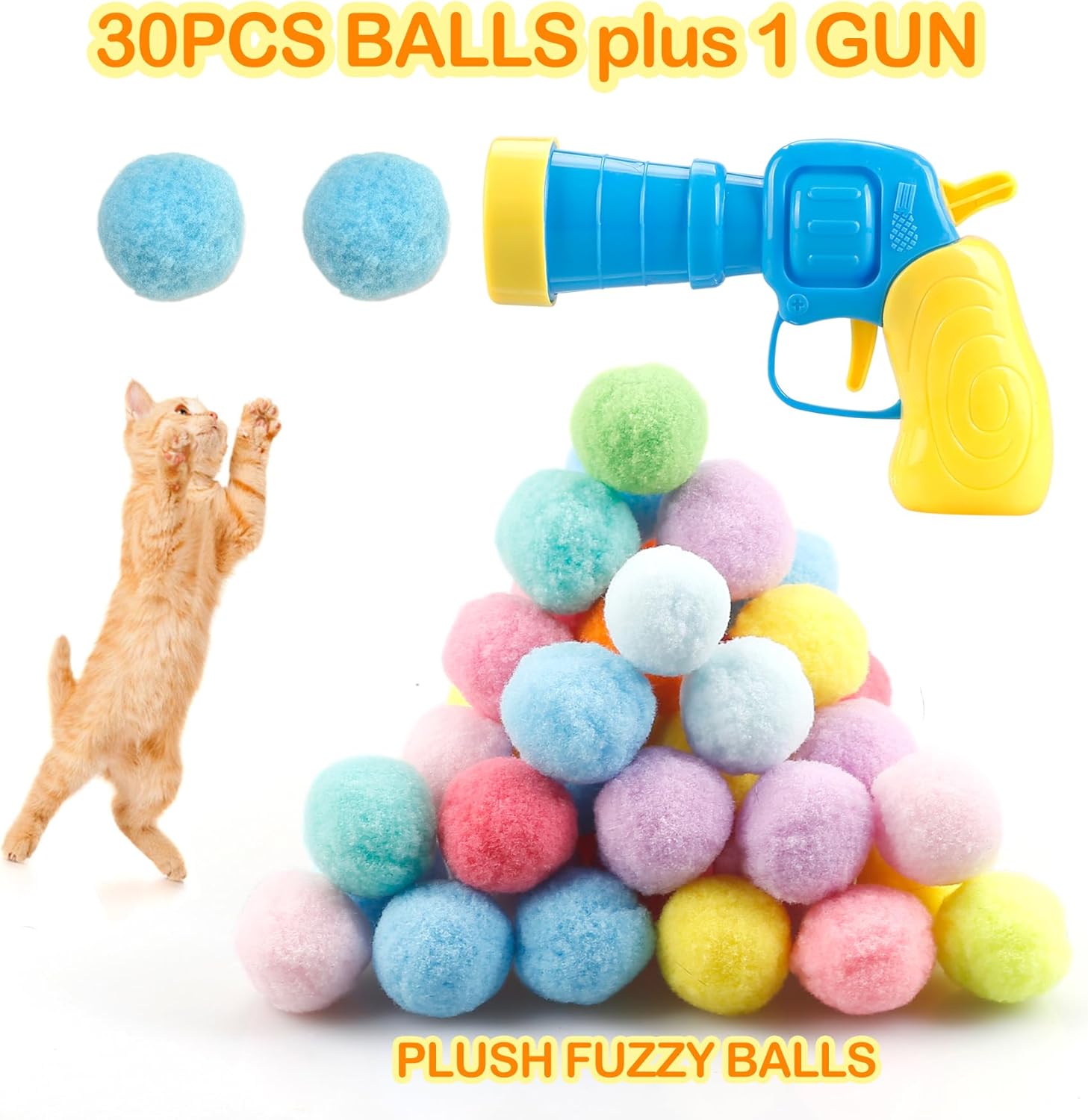MeoHui 31Pcs Cat Ball Toy Launcher Gun,Cat Balls Fetch Toy,30Pcs Plush Fuzzy Balls Launcher Cat Toy for Cats with 1 Gun,Funny Interactive Cat Toys for Bored Indoor Adult Cats,Cute Kitten Kitty Toys