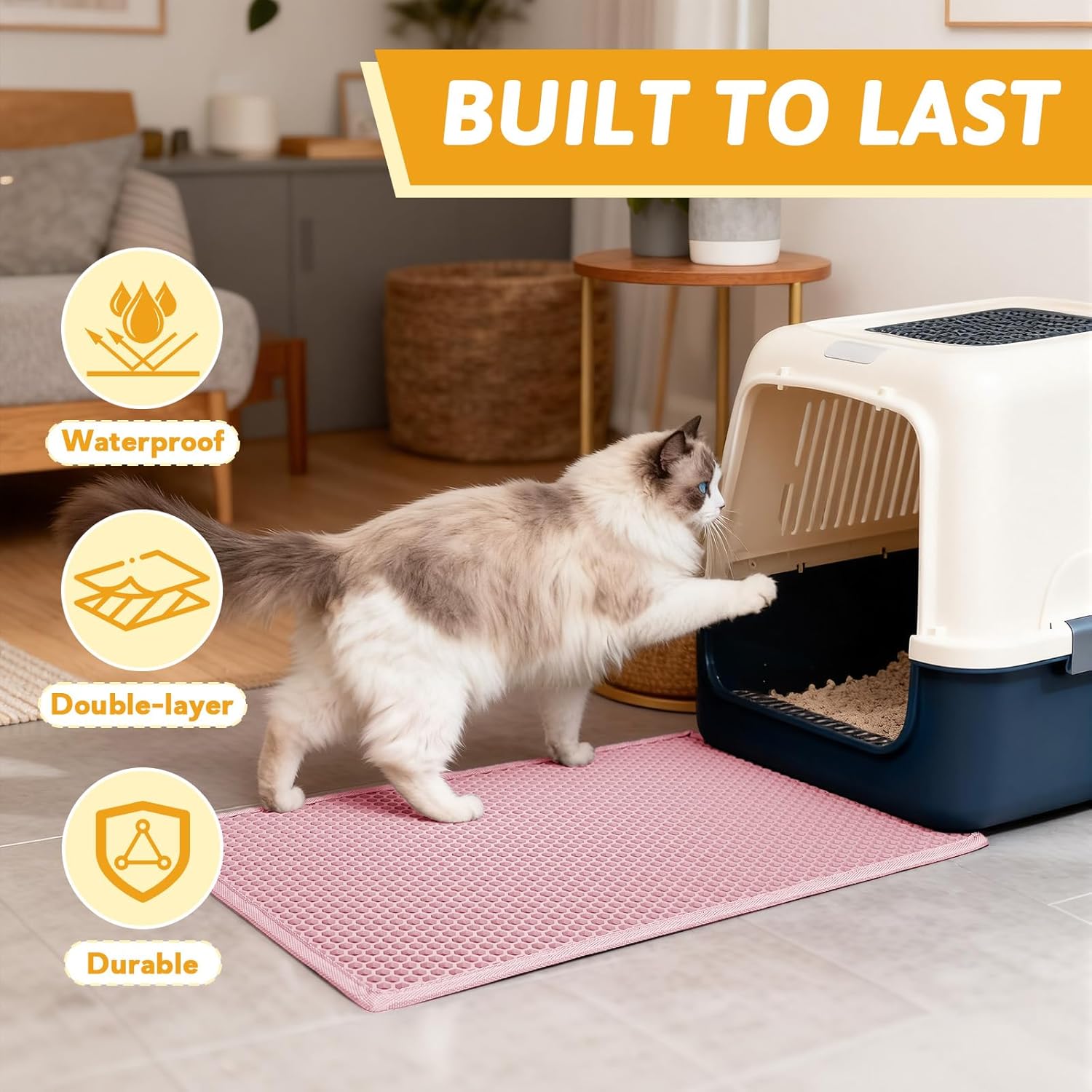 Pieviev Cat Litter Mat, Double-Layer Waterproof Litter Trap, 24" x 15" Gray | Honeycomb Design Catches Scattered Particles to Stop Tracking, Urineproof Base Protects Floors, Easy to Clean