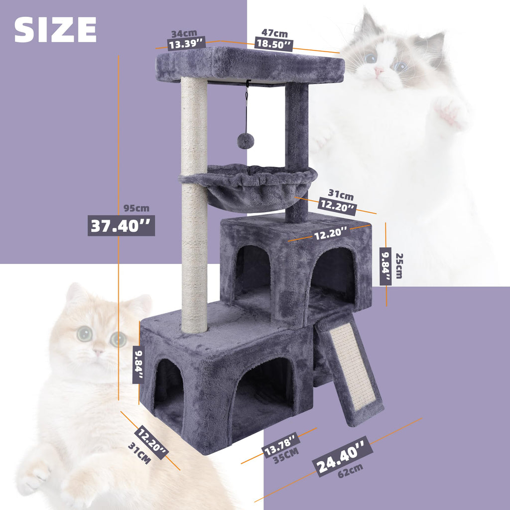 AIWIKIDE 37.4" Cactus Cat Tree Tower with Twin Cat Condos for Indoor Cats, All-in-One Activity Center with Cat Scratching Post Cozy Sleeping Perch Hammock and Toy Balls,Green