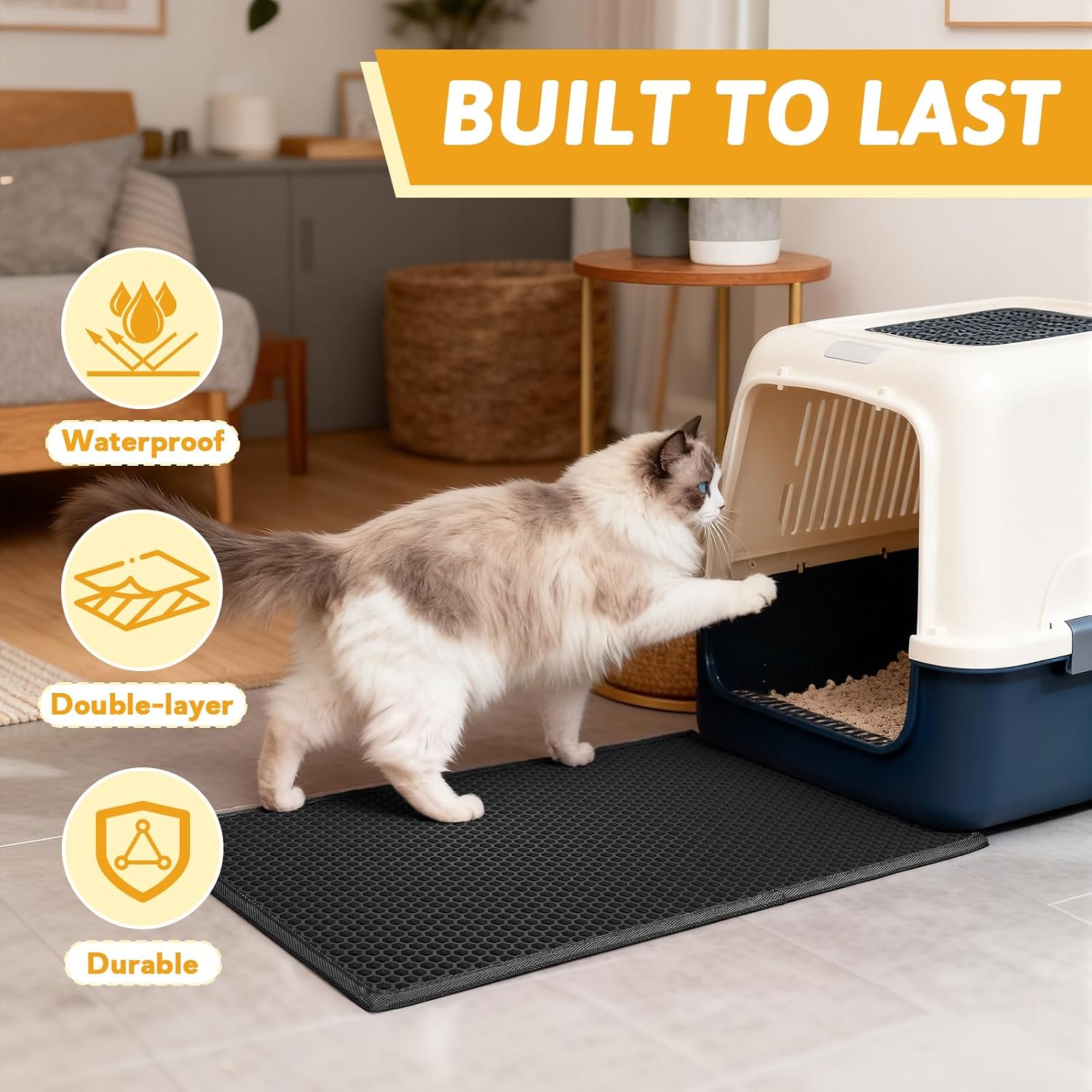 Pieviev Cat Litter Mat, Double-Layer Waterproof Litter Trap, 24" x 15" Gray | Honeycomb Design Catches Scattered Particles to Stop Tracking, Urineproof Base Protects Floors, Easy to Clean
