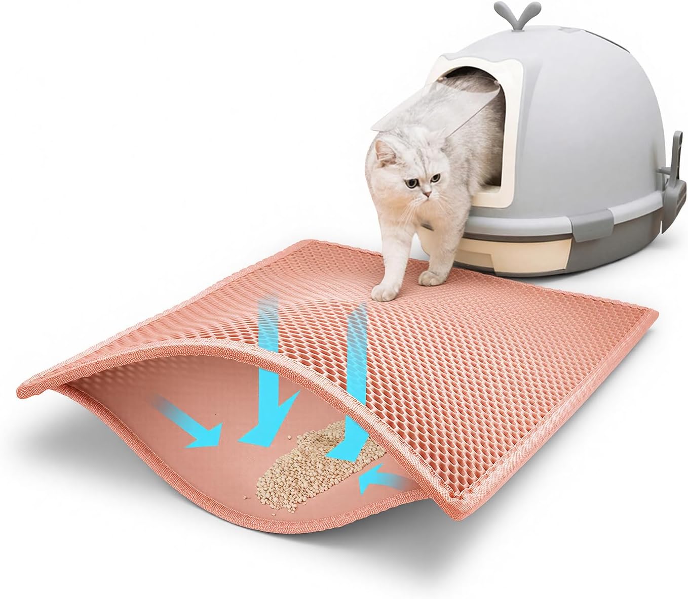 Pieviev Cat Litter Mat, Double-Layer Waterproof Litter Trap, 24" x 15" Gray | Honeycomb Design Catches Scattered Particles to Stop Tracking, Urineproof Base Protects Floors, Easy to Clean