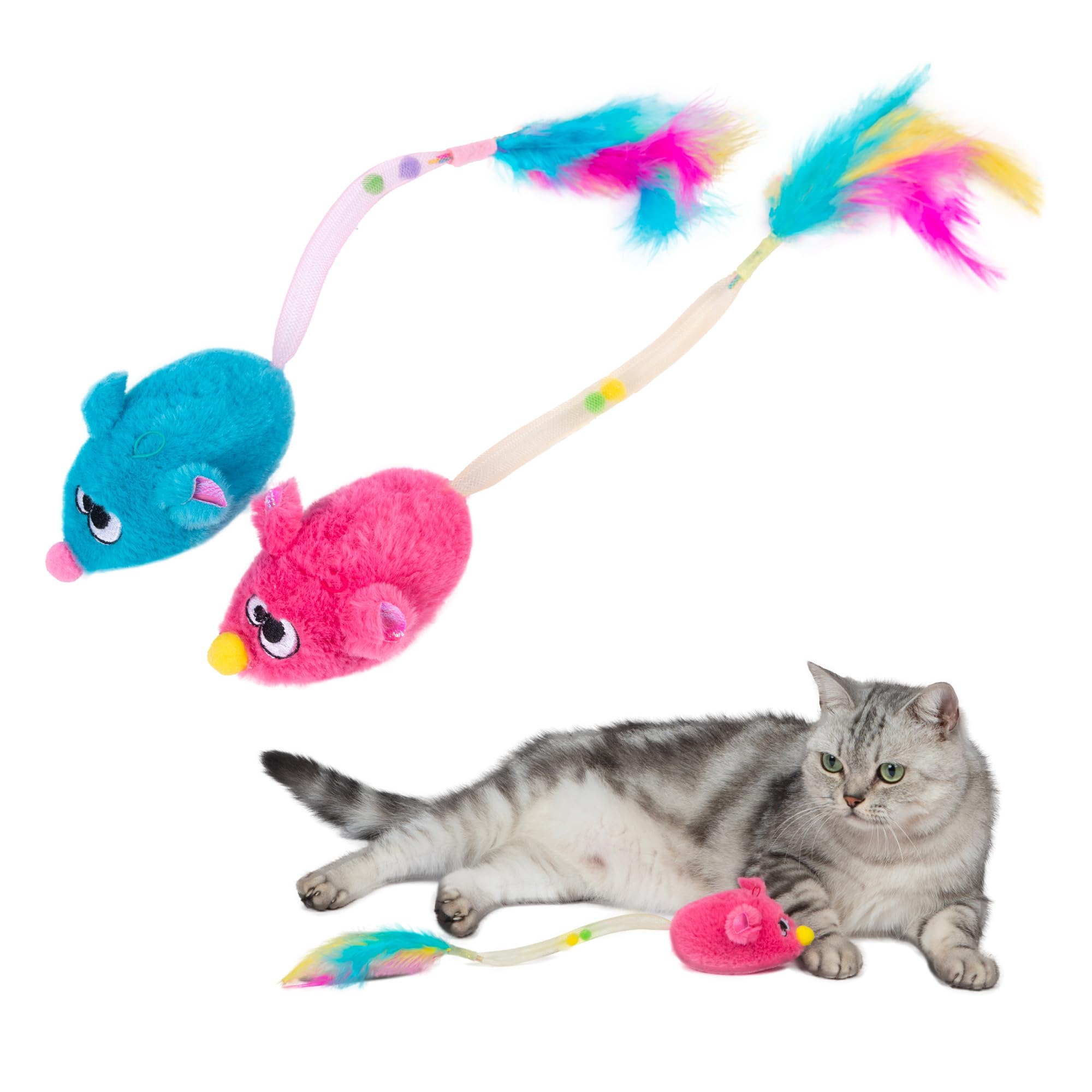 Catify Interactive Cat Toy - Squeaking Mice Set, Beige & Gray | Catnip Infused, Tap to Activate Squeaks, Soft, For Indoor Kittens & Cats, Independent Play, Attaches to Wand, Pack of 2