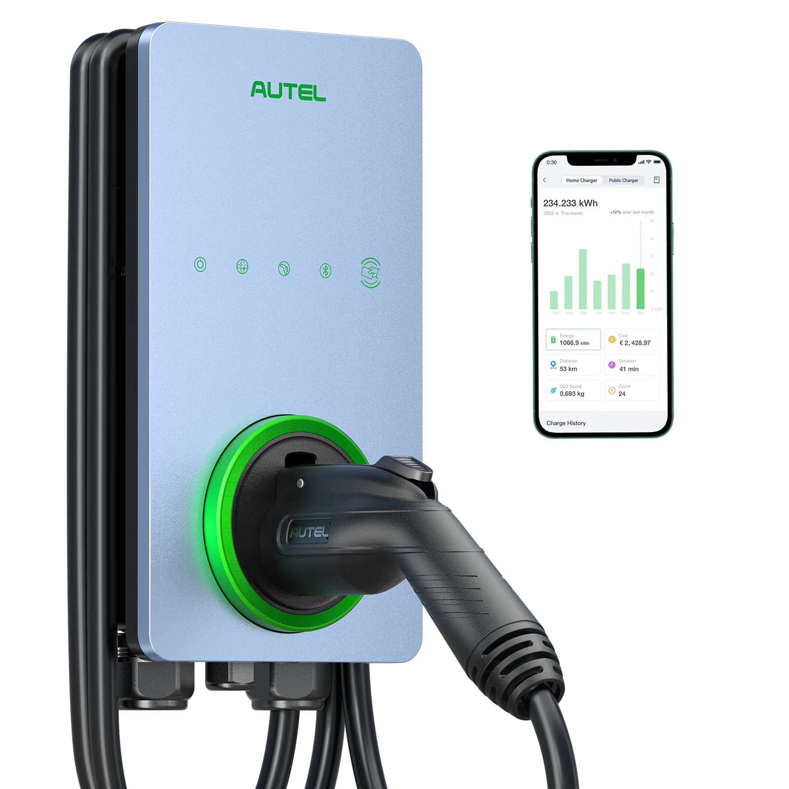 Autel Home Smart Electric Vehicle (EV) Charger up to 50Amp, 240V, Indoor/Outdoor Car Charging Station with Level 2, Wi-Fi and Bluetooth Enabled EVSE, 25-Foot Cable,Wood Grain