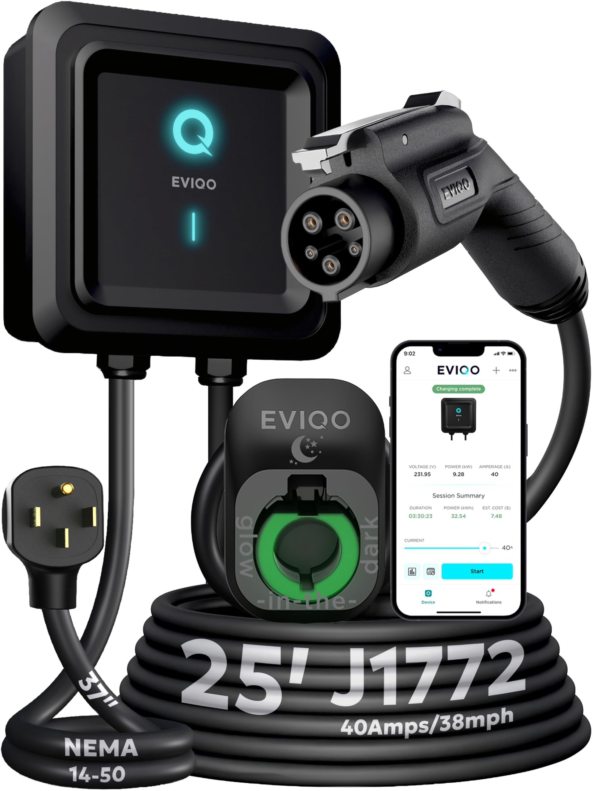 Level 2 EV Charger J1772 48A - Hardwired 240V Wall Charging Station | up to 50 mph, 25ft Cable, Enhanced WiFi (2.4GHz), Smart App, Weatherproof Indoor/Outdoor (IP66, NEMA 4), UL & ETL Certified
