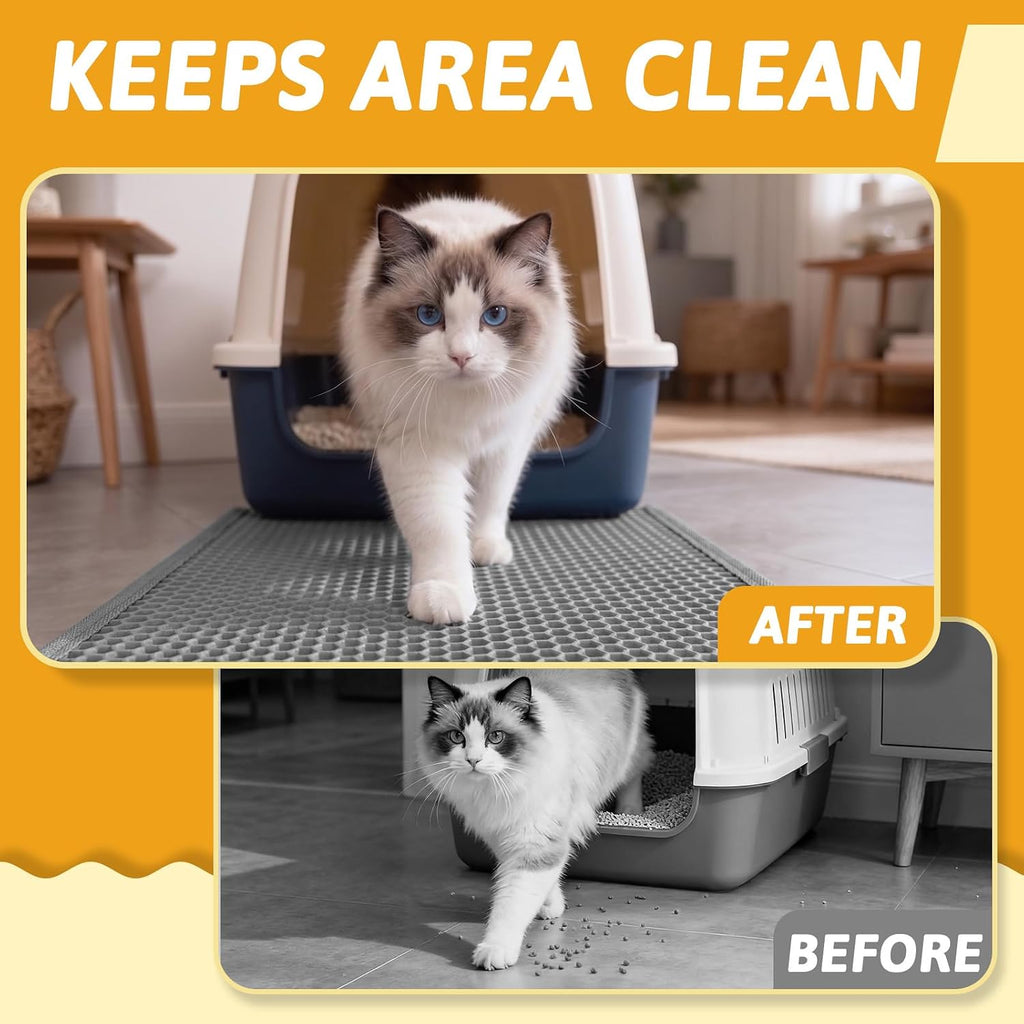 Pieviev Cat Litter Mat, Double-Layer Waterproof Litter Trap, 24" x 15" Gray | Honeycomb Design Catches Scattered Particles to Stop Tracking, Urineproof Base Protects Floors, Easy to Clean