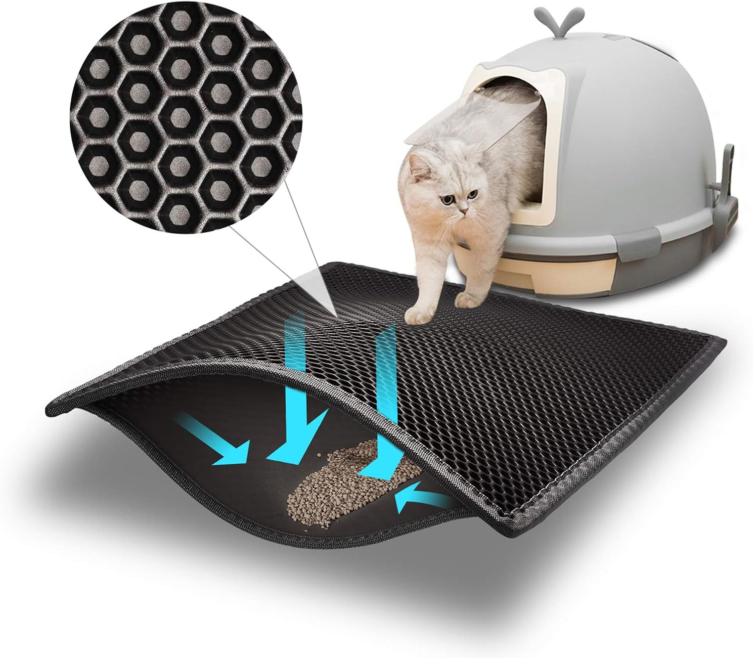 Pieviev Cat Litter Mat, Double-Layer Waterproof Litter Trap, 24" x 15" Gray | Honeycomb Design Catches Scattered Particles to Stop Tracking, Urineproof Base Protects Floors, Easy to Clean