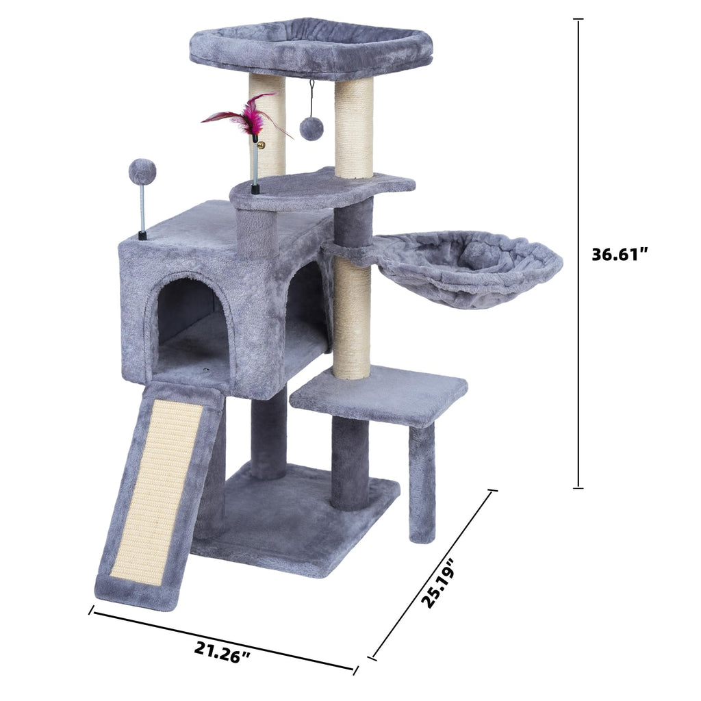 AIWIKIDE 37.4" Cactus Cat Tree Tower with Twin Cat Condos for Indoor Cats, All-in-One Activity Center with Cat Scratching Post Cozy Sleeping Perch Hammock and Toy Balls,Green