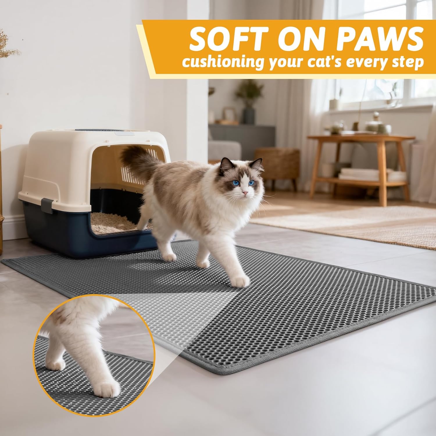 Pieviev Cat Litter Mat, Double-Layer Waterproof Litter Trap, 24" x 15" Gray | Honeycomb Design Catches Scattered Particles to Stop Tracking, Urineproof Base Protects Floors, Easy to Clean