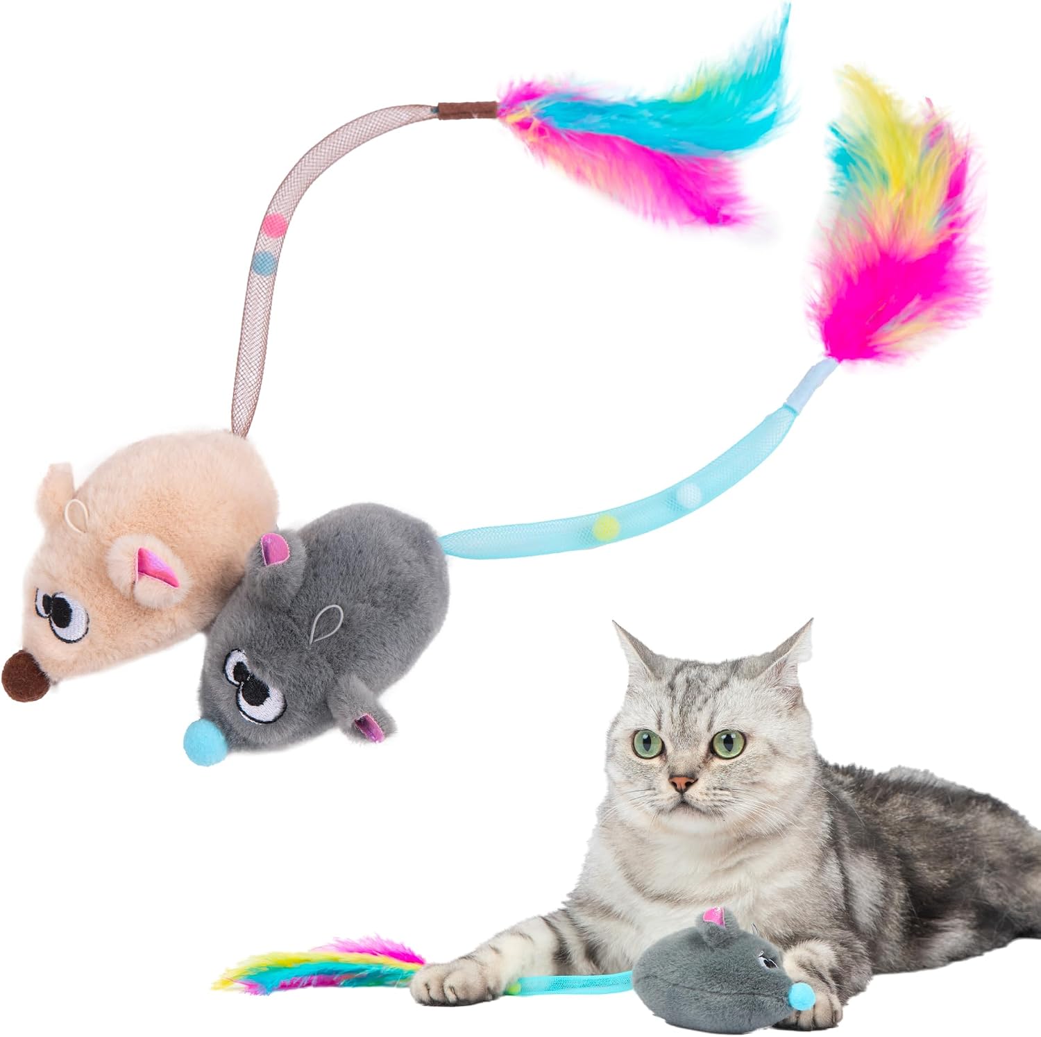 Catify Interactive Cat Toy - Squeaking Mice Set, Beige & Gray | Catnip Infused, Tap to Activate Squeaks, Soft, For Indoor Kittens & Cats, Independent Play, Attaches to Wand, Pack of 2