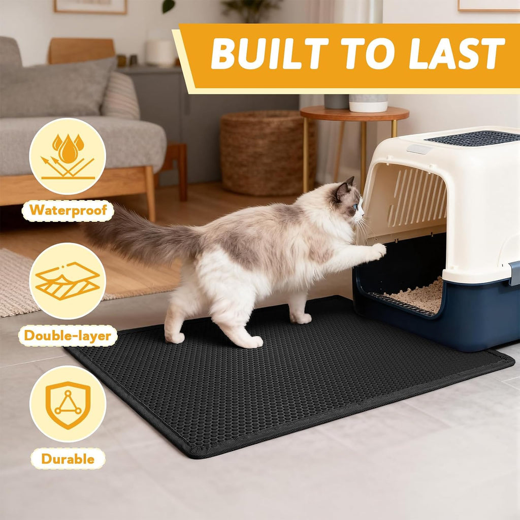 Pieviev Cat Litter Mat, Double-Layer Waterproof Litter Trap, 24" x 15" Gray | Honeycomb Design Catches Scattered Particles to Stop Tracking, Urineproof Base Protects Floors, Easy to Clean