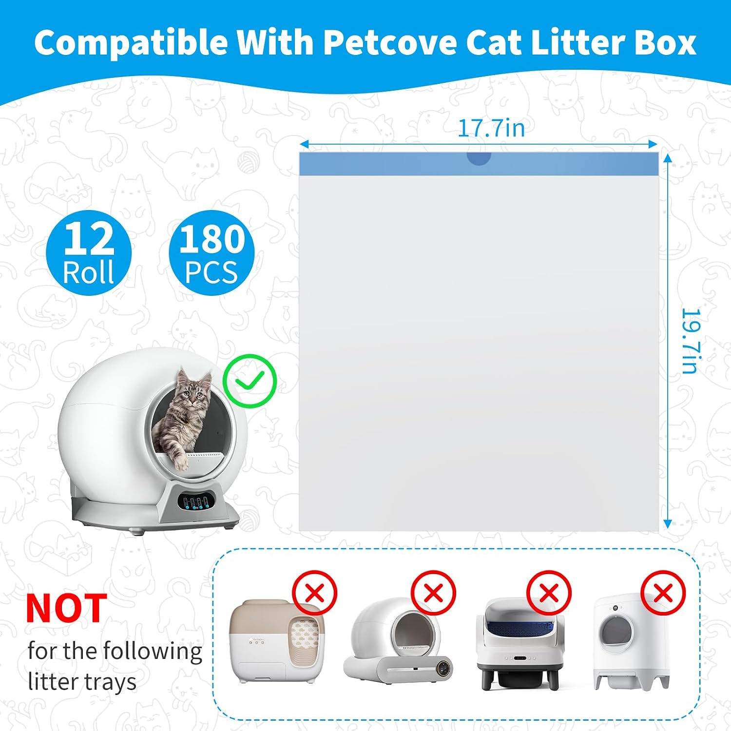 180 Count Cat Litter Box Liners Compatible with Petcove & Ducksky Automatic Self-Cleaning Cat Litter Box Bags - Drawstring Cat Litter Bags - Heavy Duty Tear-Resistant & Leak-Proof Refills