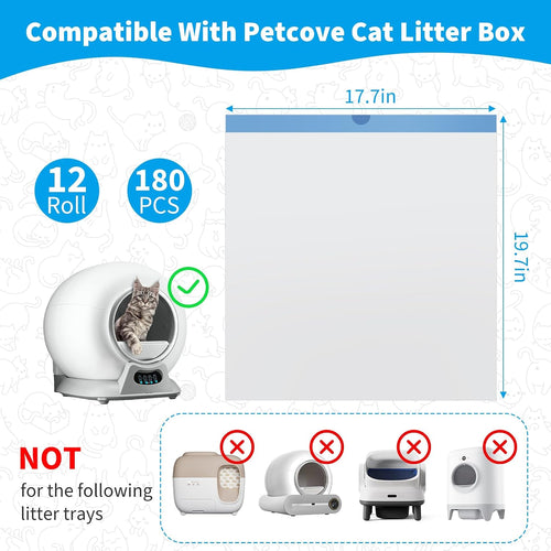 180 Count Cat Litter Box Liners Compatible with Petcove & Ducksky Automatic Self-Cleaning Cat Litter Box Bags - Drawstring Cat Litter Bags - Heavy Duty Tear-Resistant & Leak-Proof Refills