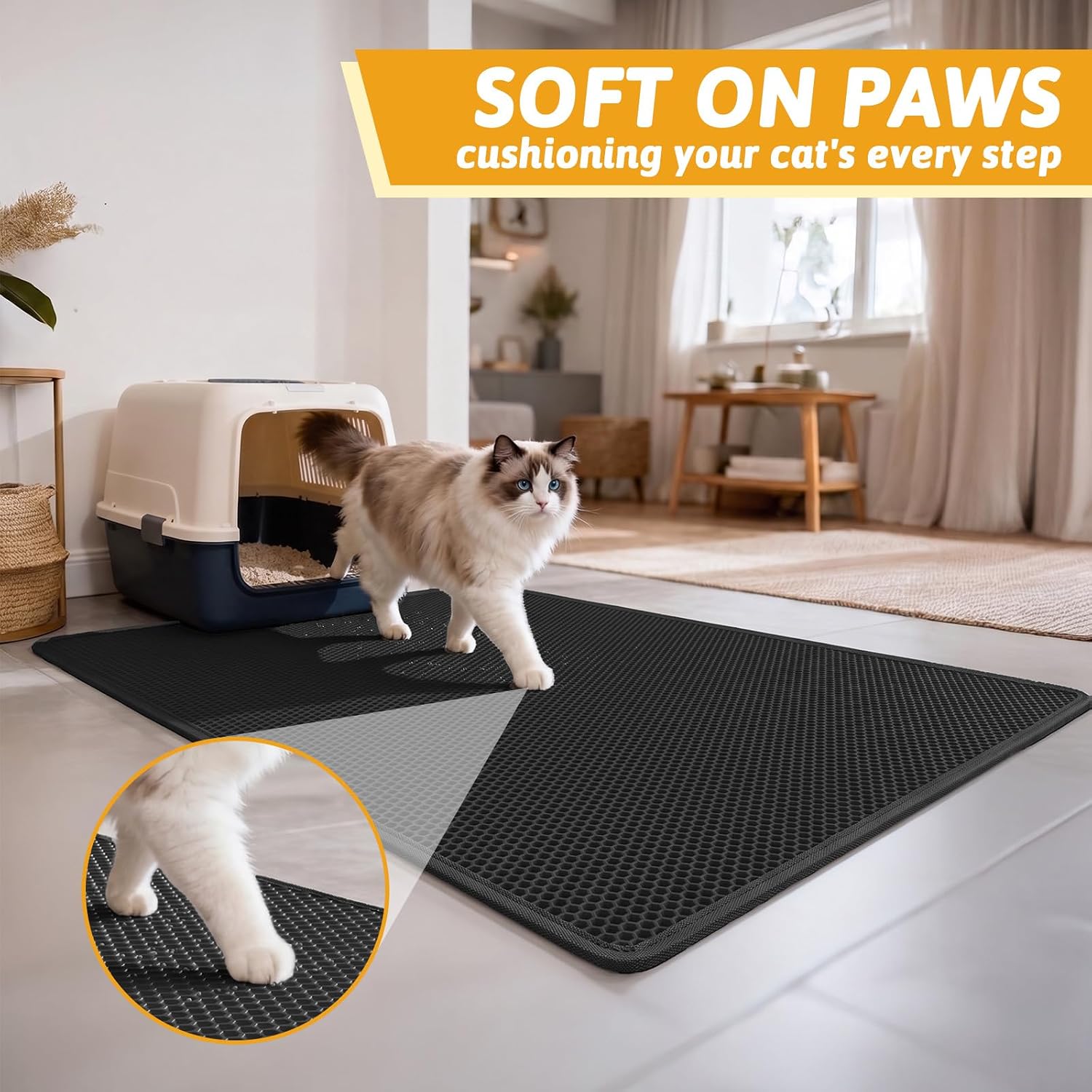Pieviev Cat Litter Mat, Double-Layer Waterproof Litter Trap, 24" x 15" Gray | Honeycomb Design Catches Scattered Particles to Stop Tracking, Urineproof Base Protects Floors, Easy to Clean