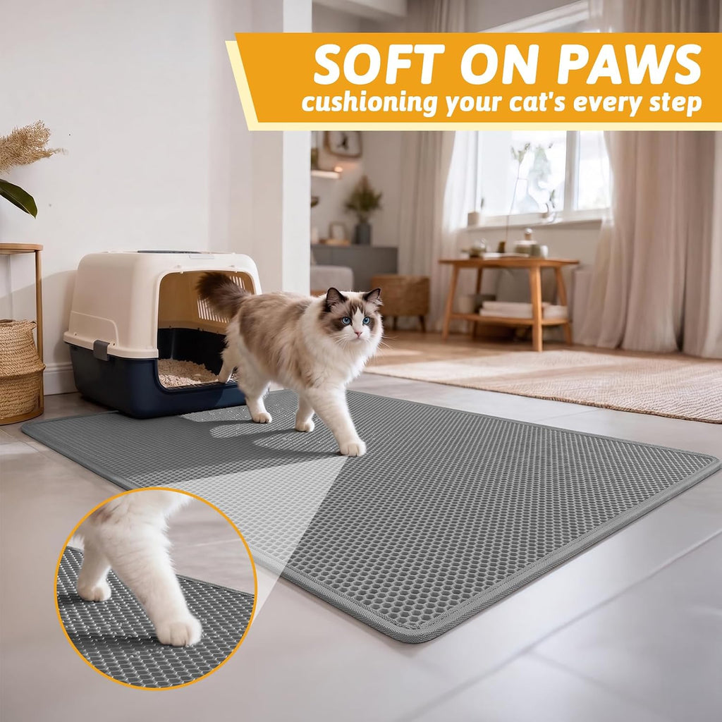 Pieviev Cat Litter Mat, Double-Layer Waterproof Litter Trap, 24" x 15" Gray | Honeycomb Design Catches Scattered Particles to Stop Tracking, Urineproof Base Protects Floors, Easy to Clean