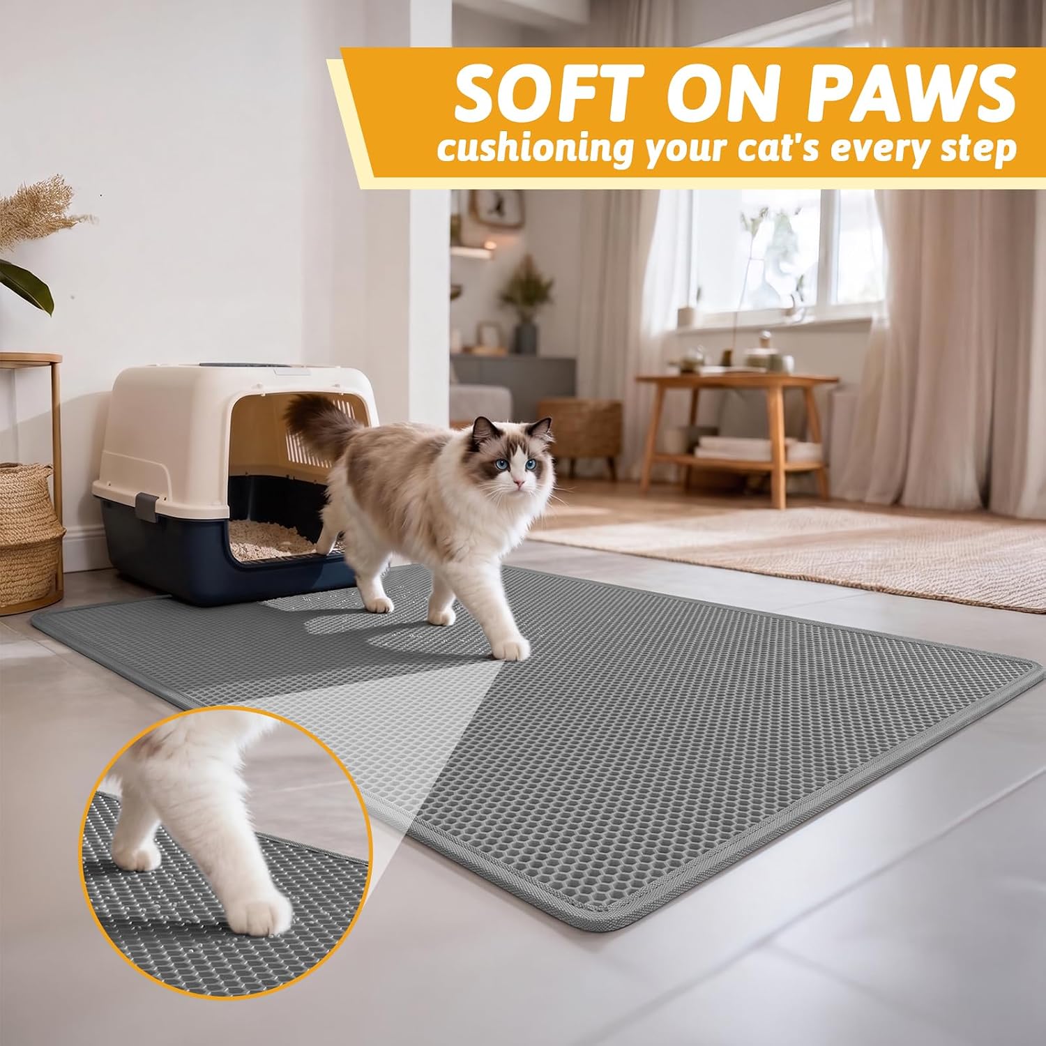 Pieviev Cat Litter Mat, Double-Layer Waterproof Litter Trap, 24" x 15" Gray | Honeycomb Design Catches Scattered Particles to Stop Tracking, Urineproof Base Protects Floors, Easy to Clean