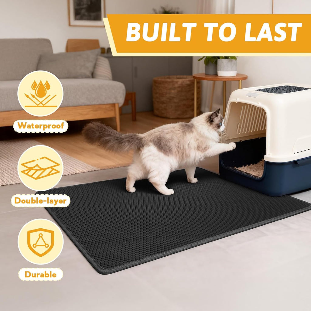 Pieviev Cat Litter Mat, Double-Layer Waterproof Litter Trap, 24" x 15" Gray | Honeycomb Design Catches Scattered Particles to Stop Tracking, Urineproof Base Protects Floors, Easy to Clean