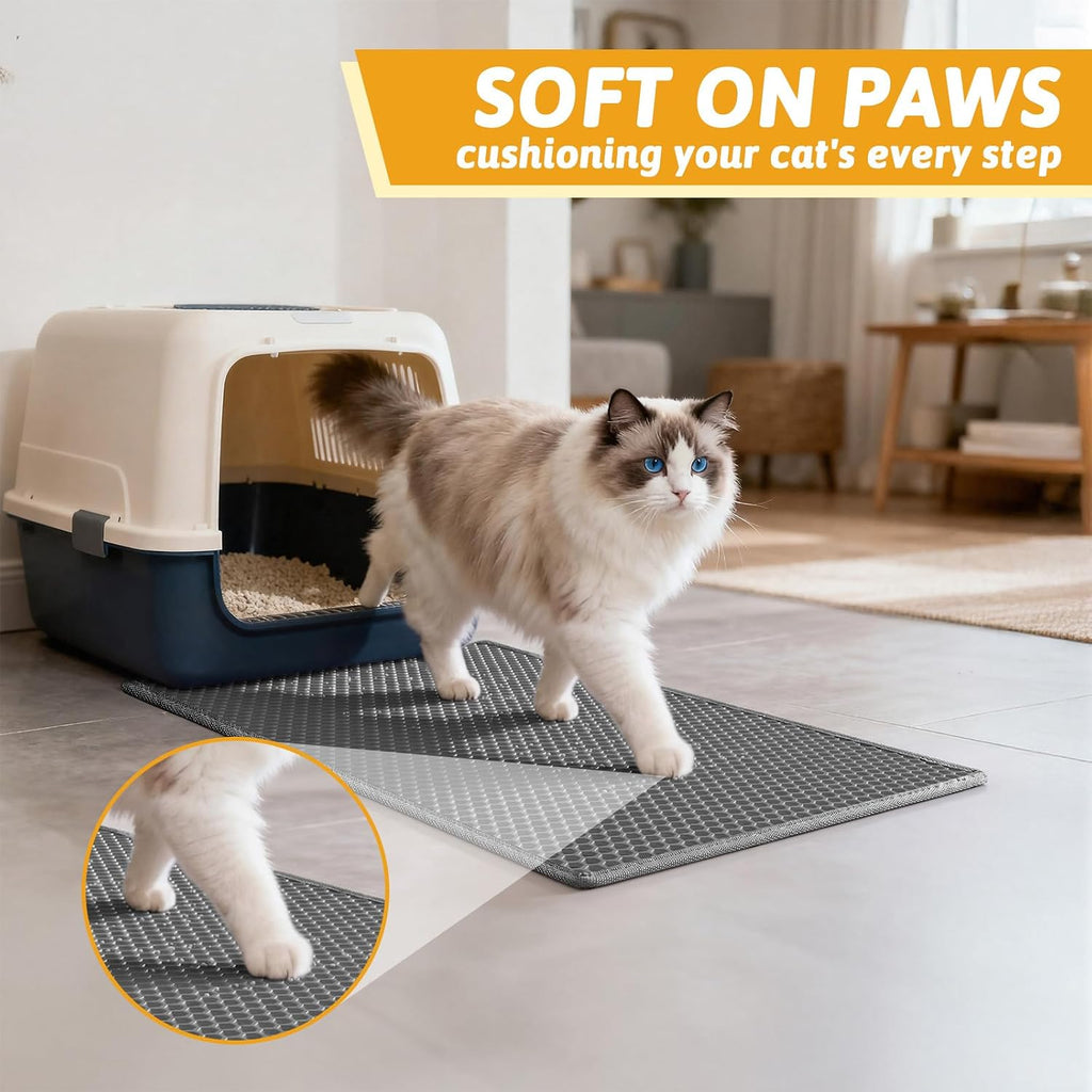 Pieviev Cat Litter Mat, Double-Layer Waterproof Litter Trap, 24" x 15" Gray | Honeycomb Design Catches Scattered Particles to Stop Tracking, Urineproof Base Protects Floors, Easy to Clean