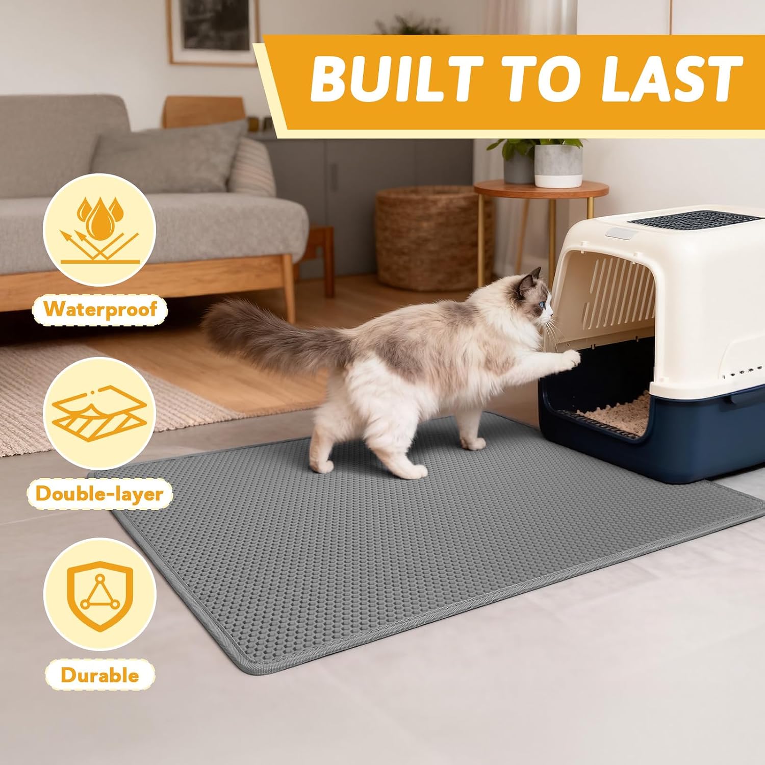 Pieviev Cat Litter Mat, Double-Layer Waterproof Litter Trap, 24" x 15" Gray | Honeycomb Design Catches Scattered Particles to Stop Tracking, Urineproof Base Protects Floors, Easy to Clean