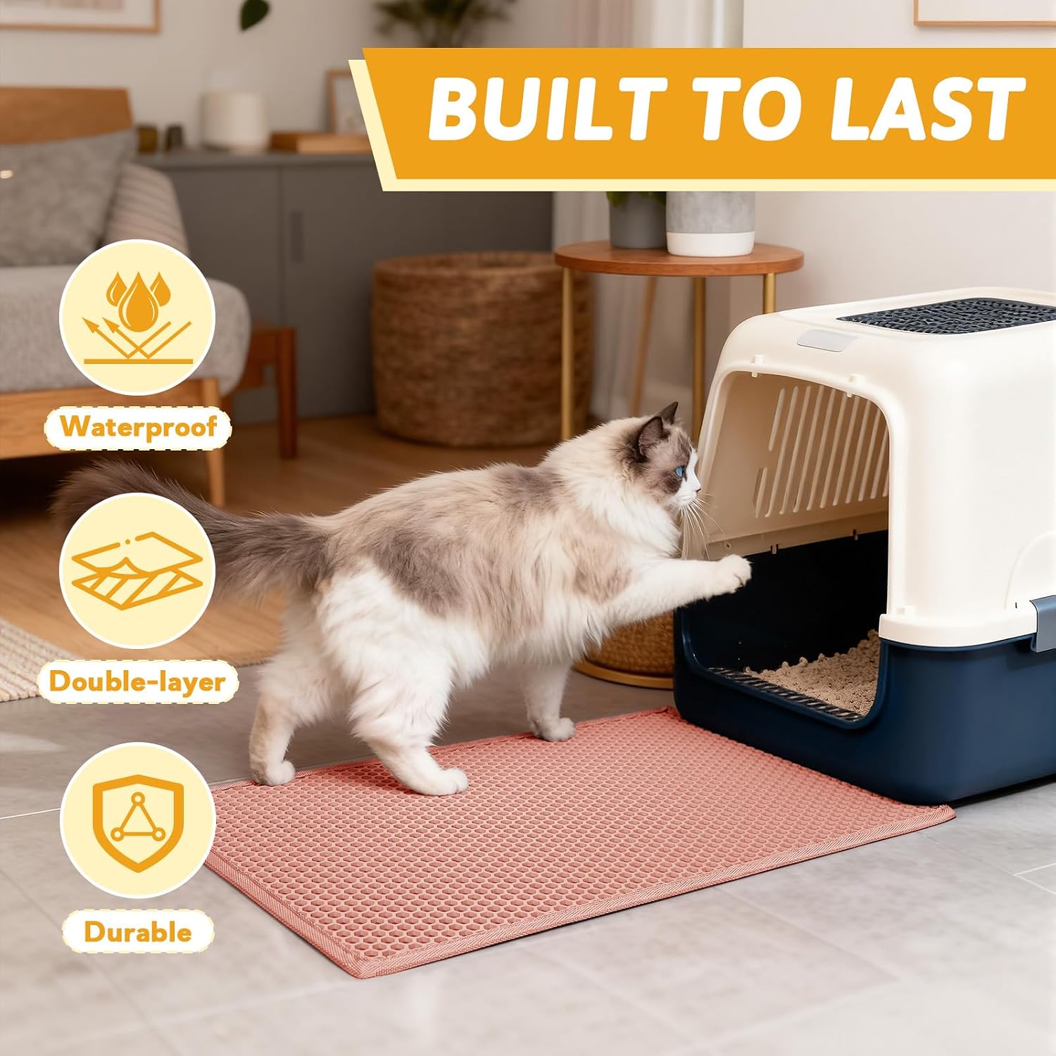 Pieviev Cat Litter Mat, Double-Layer Waterproof Litter Trap, 24" x 15" Gray | Honeycomb Design Catches Scattered Particles to Stop Tracking, Urineproof Base Protects Floors, Easy to Clean