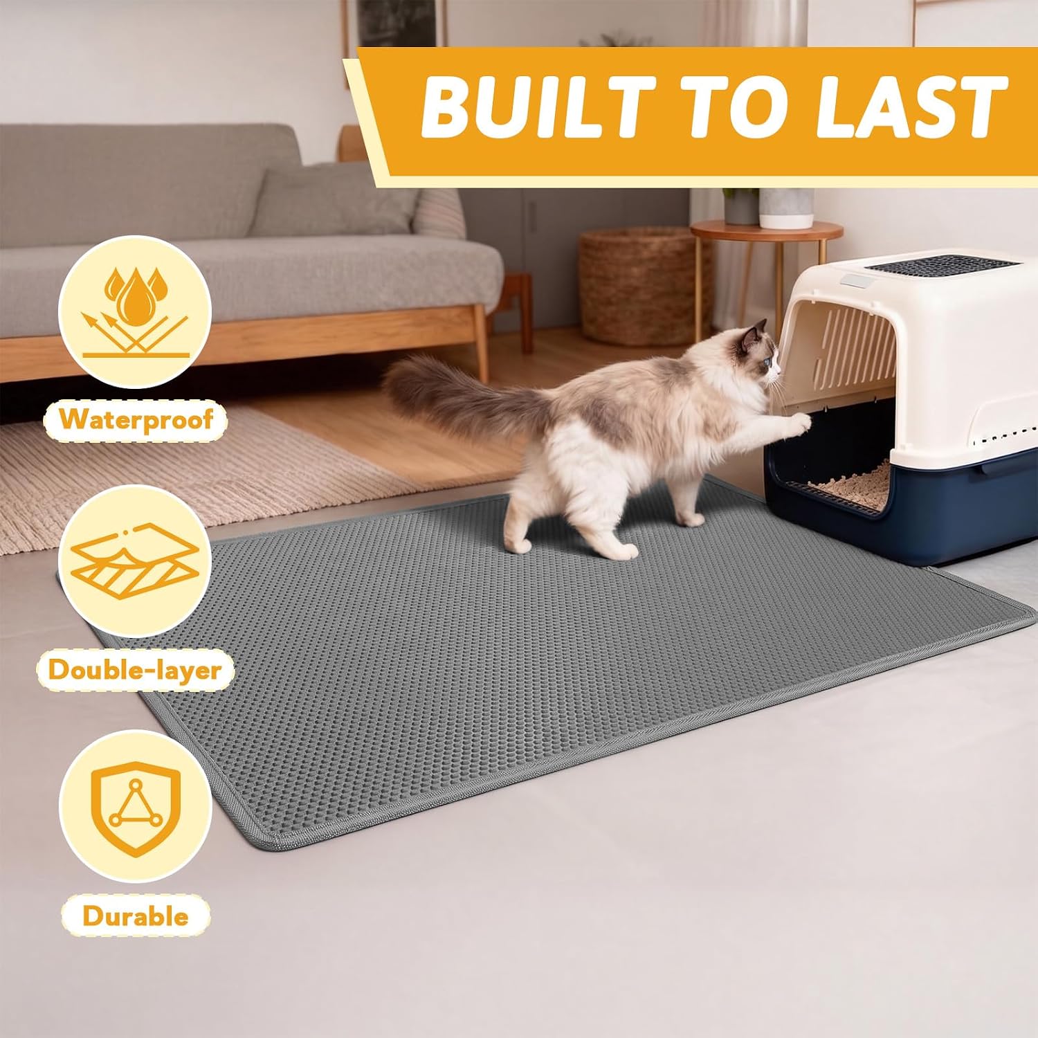 Pieviev Cat Litter Mat, Double-Layer Waterproof Litter Trap, 24" x 15" Gray | Honeycomb Design Catches Scattered Particles to Stop Tracking, Urineproof Base Protects Floors, Easy to Clean