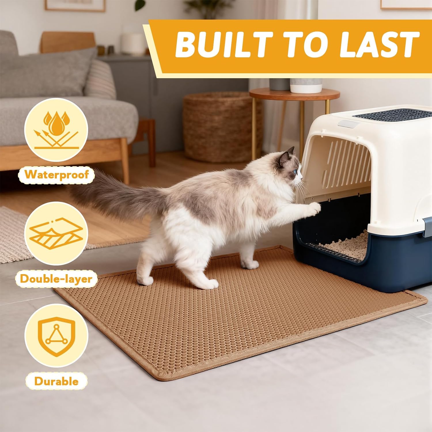 Pieviev Cat Litter Mat, Double-Layer Waterproof Litter Trap, 24" x 15" Gray | Honeycomb Design Catches Scattered Particles to Stop Tracking, Urineproof Base Protects Floors, Easy to Clean