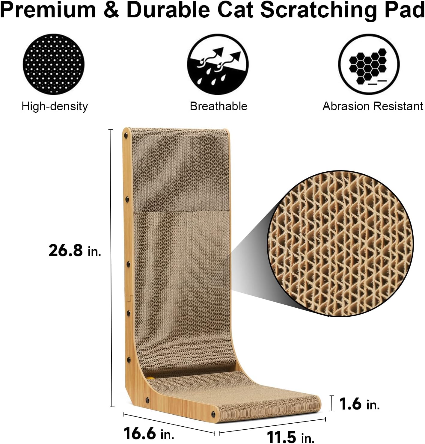 FUKUMARU Cat Scratcher, 26.8 Inch L Shaped Cat Scratch Pad for Indoor Cats | Vertical Cat Scratching Board with Ball Cat Toy, Cardboard Cat Scratcher for Wall Sofa Couch, Kitten Scratching Post, Large