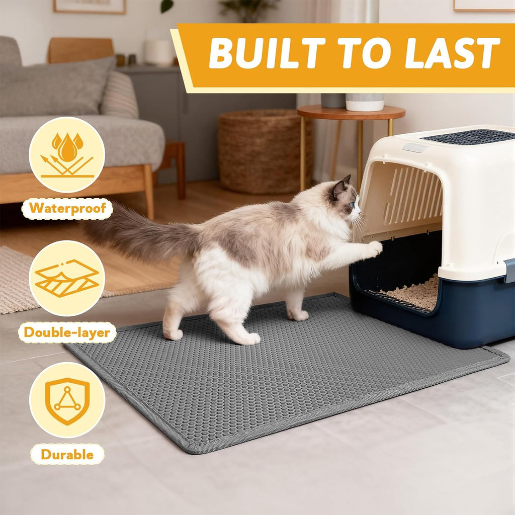 Pieviev Cat Litter Mat, Double-Layer Waterproof Litter Trap, 24" x 15" Gray | Honeycomb Design Catches Scattered Particles to Stop Tracking, Urineproof Base Protects Floors, Easy to Clean