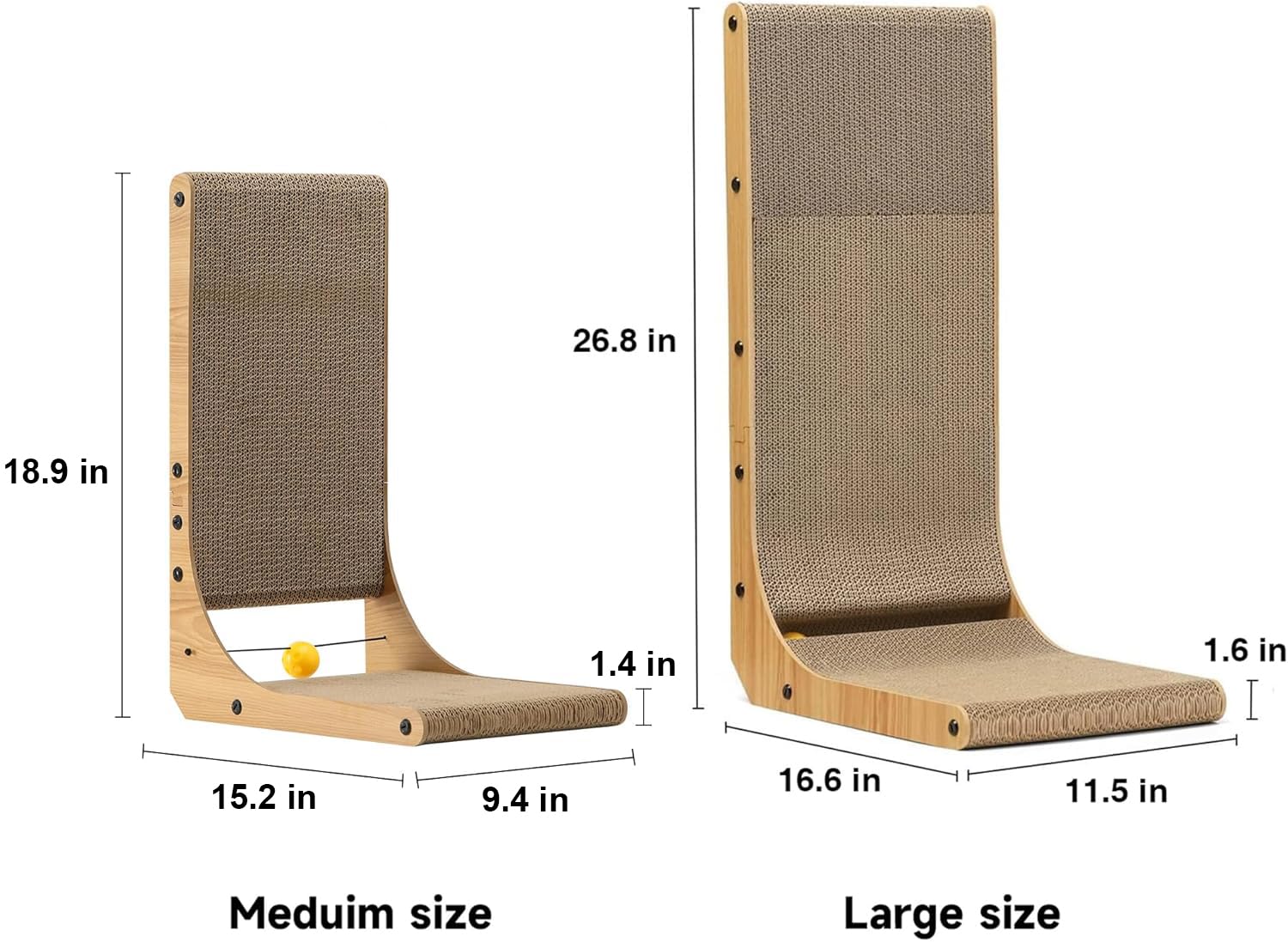 FUKUMARU Cat Scratcher, 26.8 Inch L Shaped Cat Scratch Pad for Indoor Cats | Vertical Cat Scratching Board with Ball Cat Toy, Cardboard Cat Scratcher for Wall Sofa Couch, Kitten Scratching Post, Large