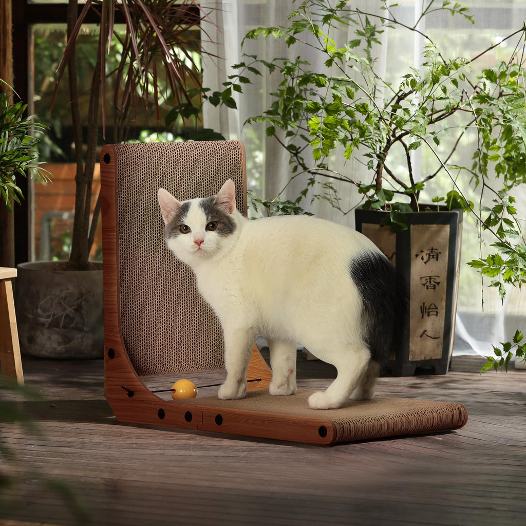 FUKUMARU Cat Scratcher, 26.8 Inch L Shaped Cat Scratch Pad for Indoor Cats | Vertical Cat Scratching Board with Ball Cat Toy, Cardboard Cat Scratcher for Wall Sofa Couch, Kitten Scratching Post, Large