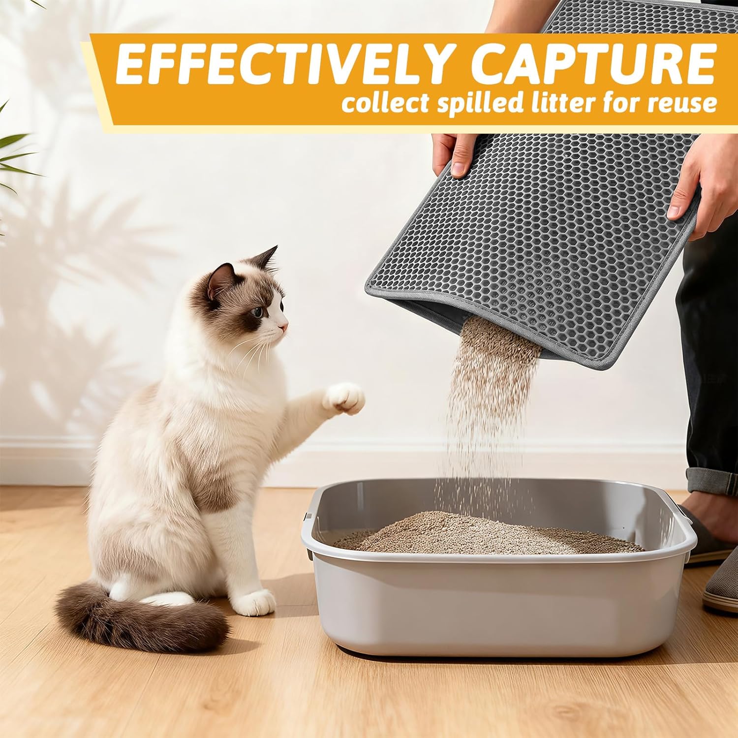 Pieviev Cat Litter Mat, Double-Layer Waterproof Litter Trap, 24" x 15" Gray | Honeycomb Design Catches Scattered Particles to Stop Tracking, Urineproof Base Protects Floors, Easy to Clean