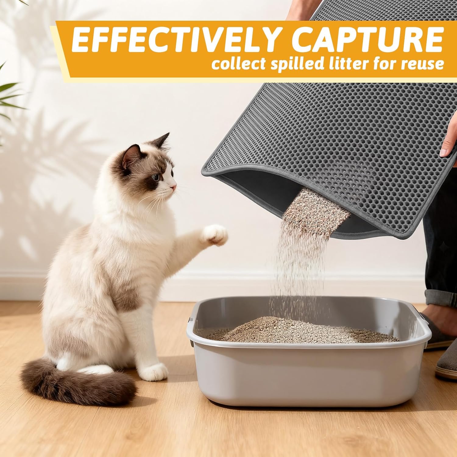 Pieviev Cat Litter Mat, Double-Layer Waterproof Litter Trap, 24" x 15" Gray | Honeycomb Design Catches Scattered Particles to Stop Tracking, Urineproof Base Protects Floors, Easy to Clean