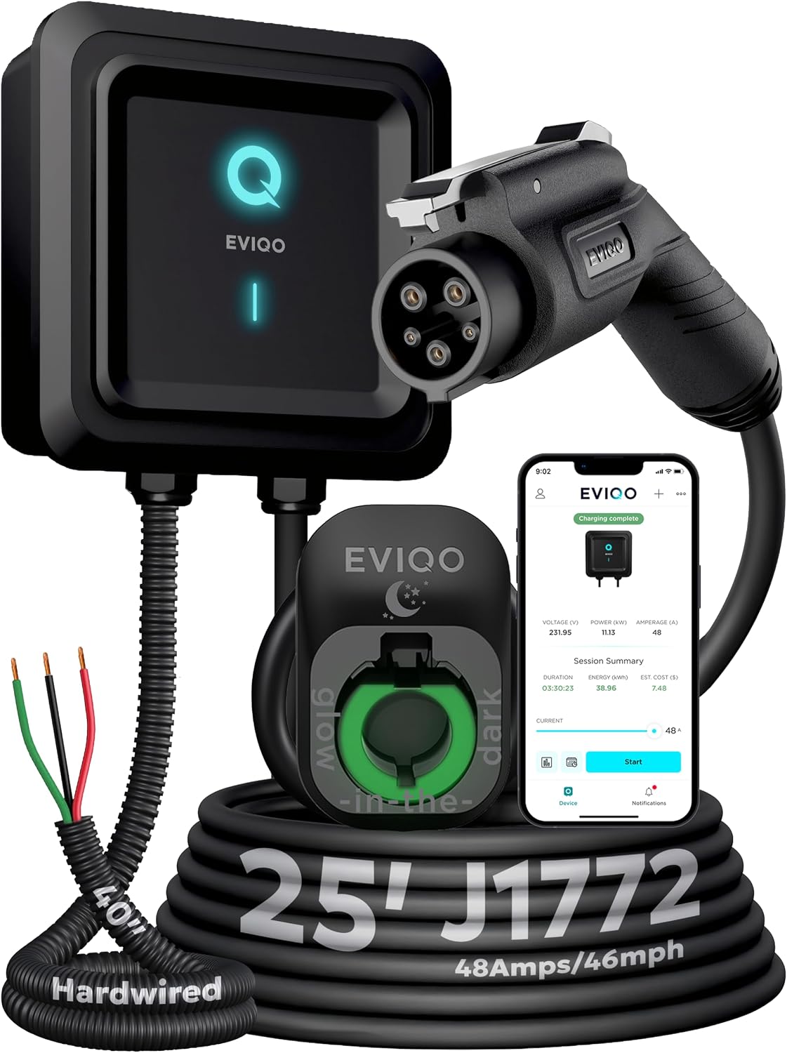 Level 2 EV Charger J1772 48A - Hardwired 240V Wall Charging Station | up to 50 mph, 25ft Cable, Enhanced WiFi (2.4GHz), Smart App, Weatherproof Indoor/Outdoor (IP66, NEMA 4), UL & ETL Certified