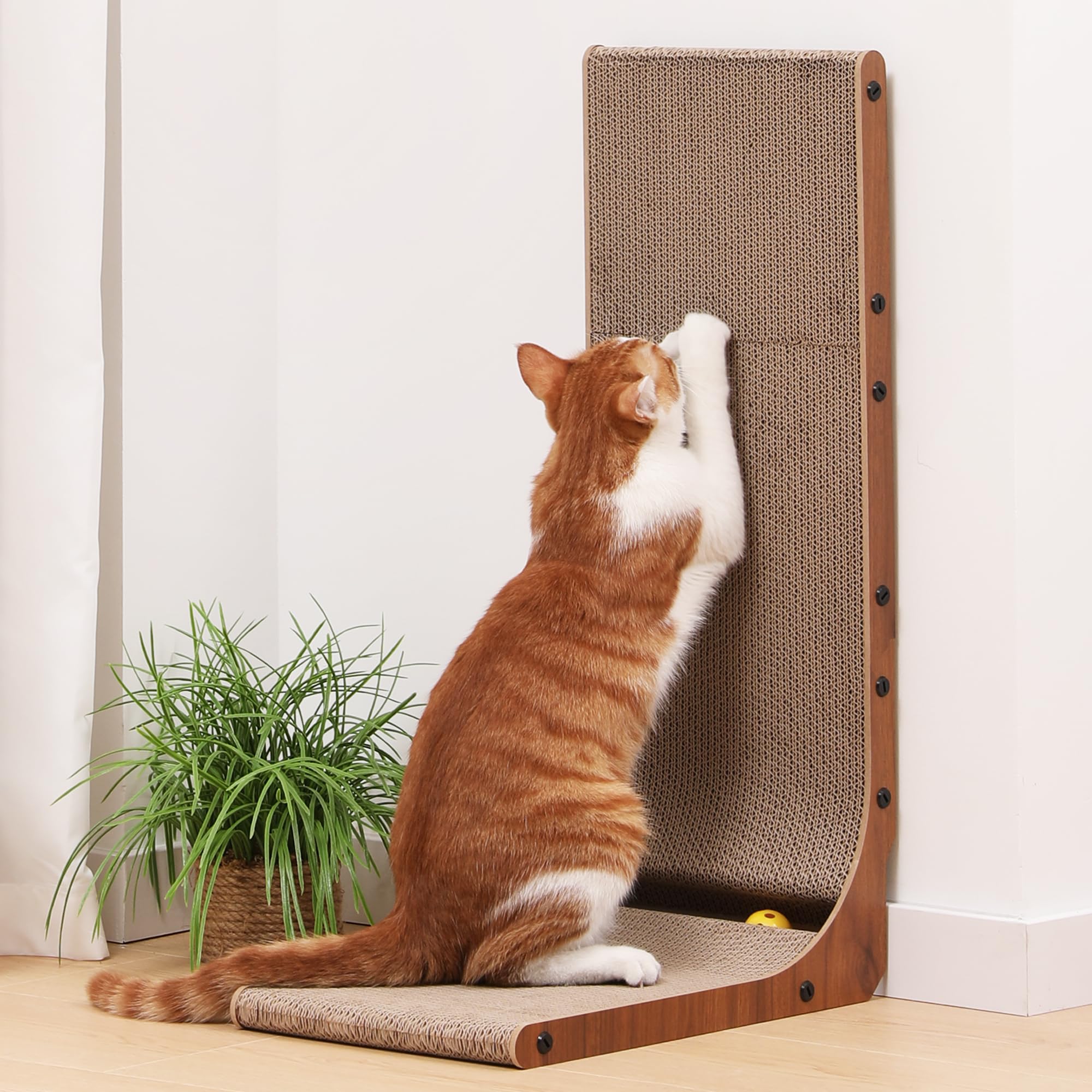 FUKUMARU Cat Scratcher, 26.8 Inch L Shaped Cat Scratch Pad for Indoor Cats | Vertical Cat Scratching Board with Ball Cat Toy, Cardboard Cat Scratcher for Wall Sofa Couch, Kitten Scratching Post, Large