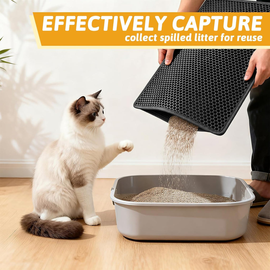 Pieviev Cat Litter Mat, Double-Layer Waterproof Litter Trap, 24" x 15" Gray | Honeycomb Design Catches Scattered Particles to Stop Tracking, Urineproof Base Protects Floors, Easy to Clean