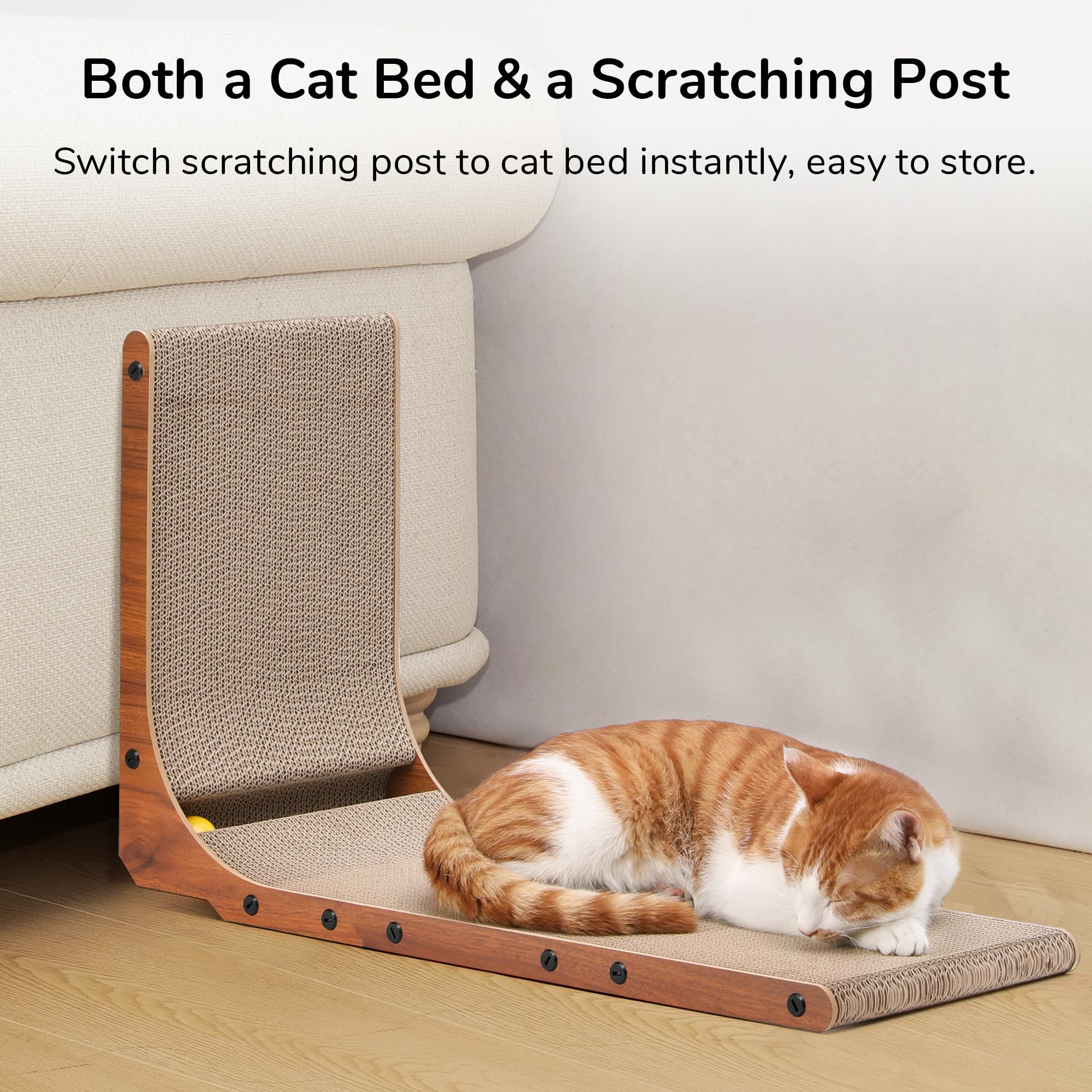 FUKUMARU Cat Scratcher, 26.8 Inch L Shaped Cat Scratch Pad for Indoor Cats | Vertical Cat Scratching Board with Ball Cat Toy, Cardboard Cat Scratcher for Wall Sofa Couch, Kitten Scratching Post, Large