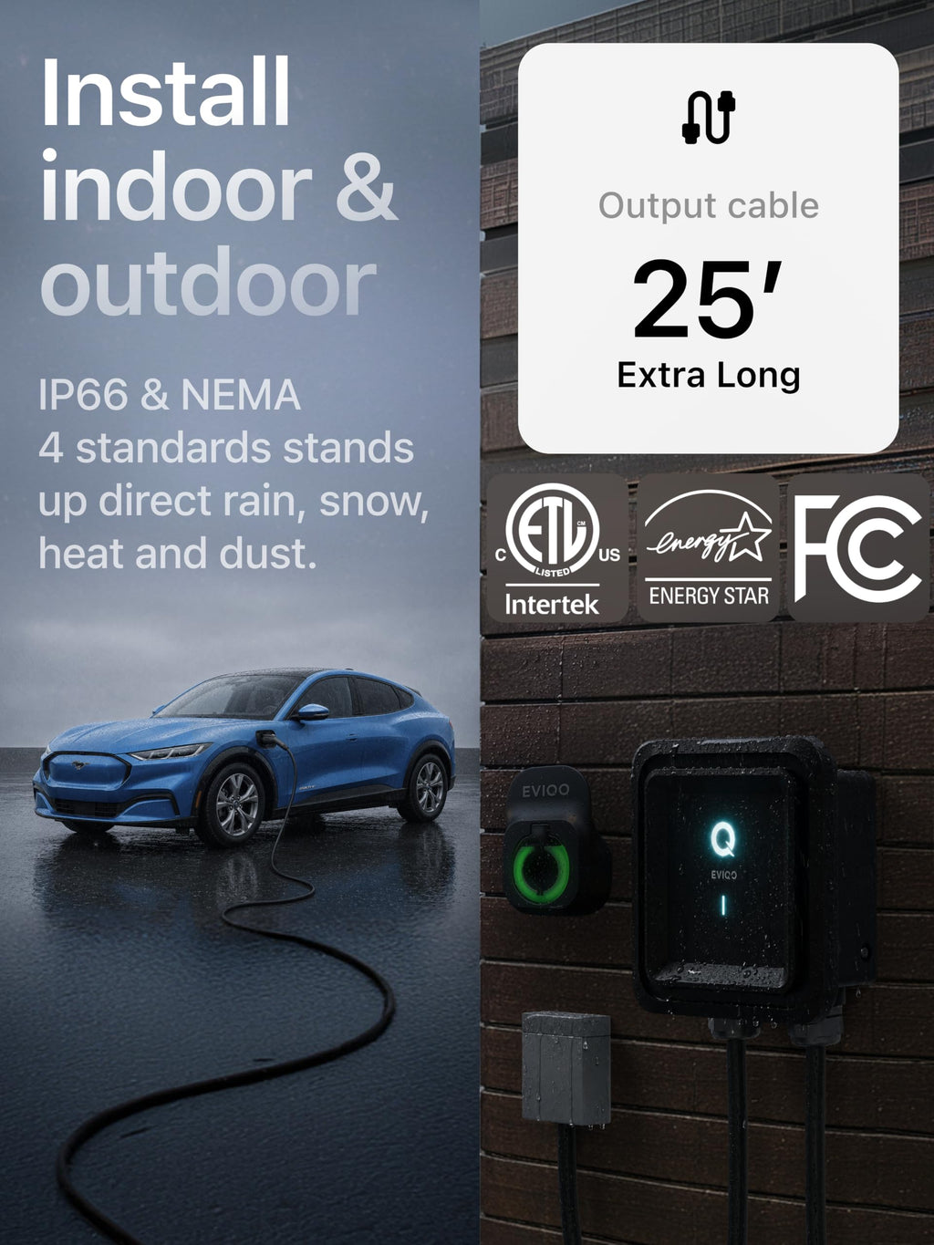 Level 2 EV Charger J1772 48A - Hardwired 240V Wall Charging Station | up to 50 mph, 25ft Cable, Enhanced WiFi (2.4GHz), Smart App, Weatherproof Indoor/Outdoor (IP66, NEMA 4), UL & ETL Certified