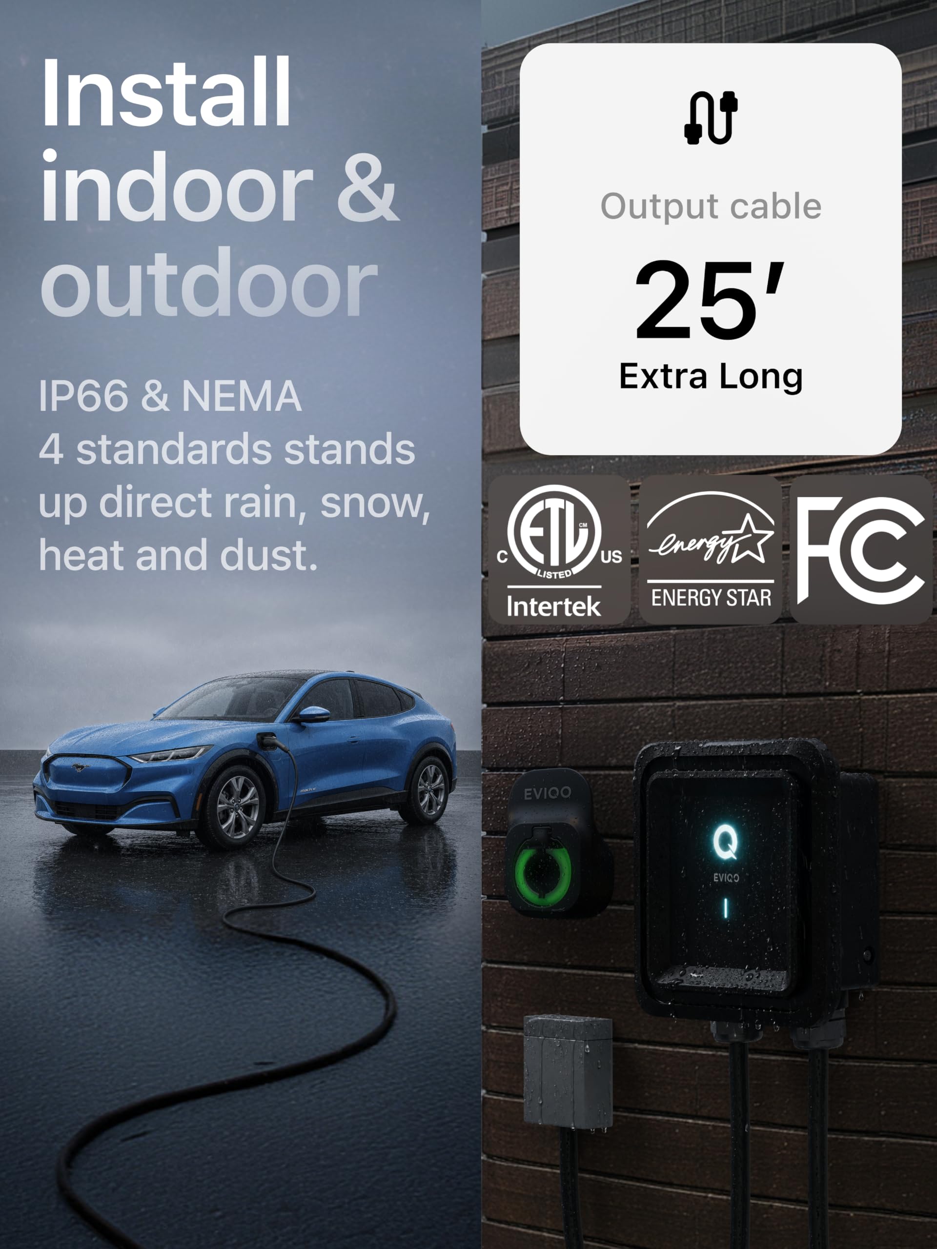 Level 2 EV Charger J1772 48A - Hardwired 240V Wall Charging Station | up to 50 mph, 25ft Cable, Enhanced WiFi (2.4GHz), Smart App, Weatherproof Indoor/Outdoor (IP66, NEMA 4), UL & ETL Certified