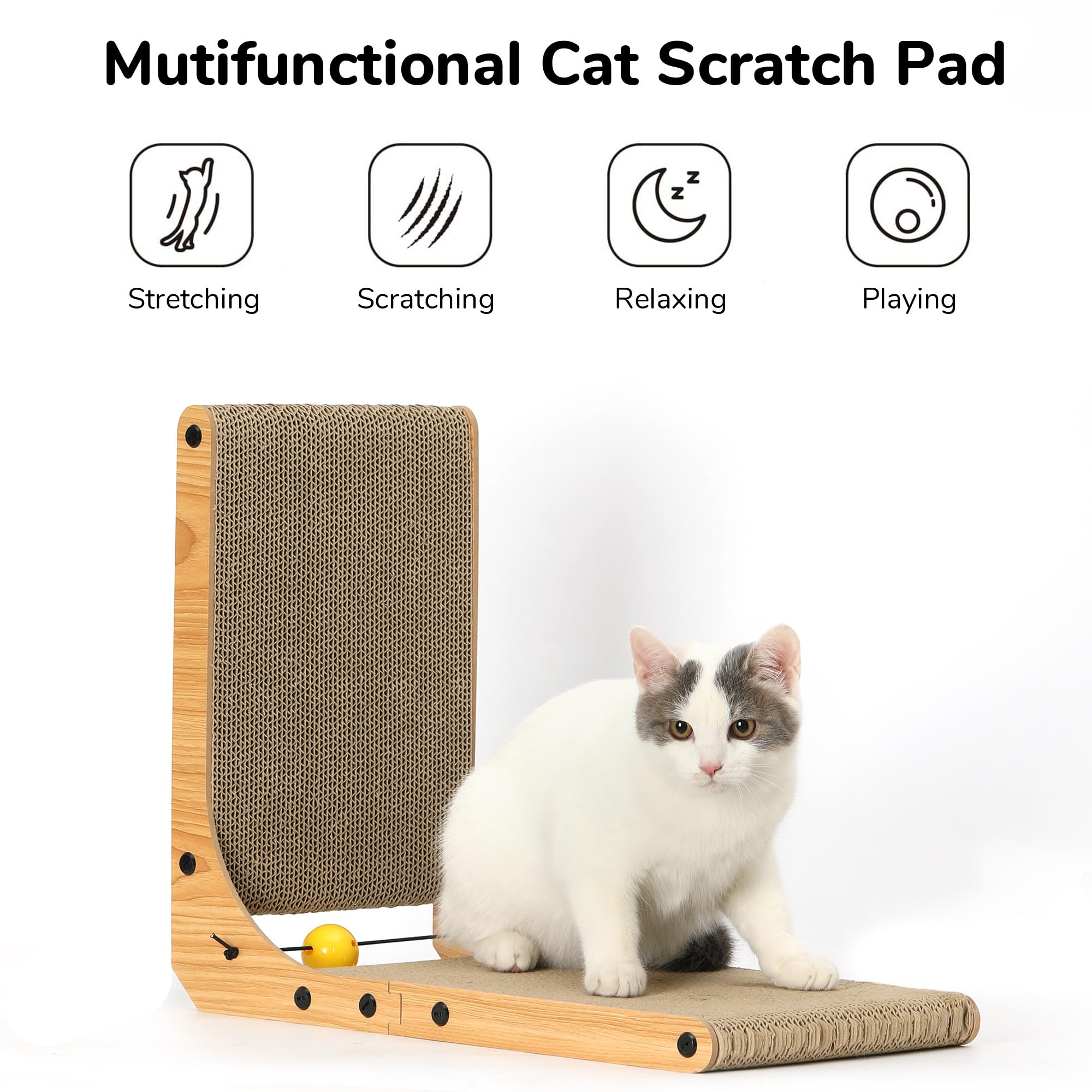 FUKUMARU Cat Scratcher, 26.8 Inch L Shaped Cat Scratch Pad for Indoor Cats | Vertical Cat Scratching Board with Ball Cat Toy, Cardboard Cat Scratcher for Wall Sofa Couch, Kitten Scratching Post, Large