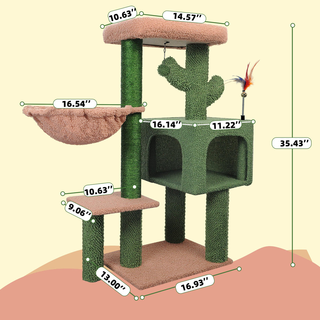 AIWIKIDE 37.4" Cactus Cat Tree Tower with Twin Cat Condos for Indoor Cats, All-in-One Activity Center with Cat Scratching Post Cozy Sleeping Perch Hammock and Toy Balls,Green
