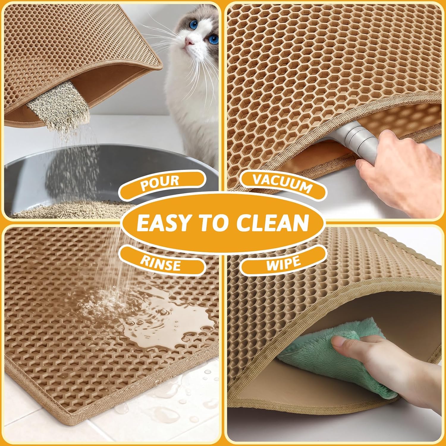 Pieviev Cat Litter Mat, Double-Layer Waterproof Litter Trap, 24" x 15" Gray | Honeycomb Design Catches Scattered Particles to Stop Tracking, Urineproof Base Protects Floors, Easy to Clean