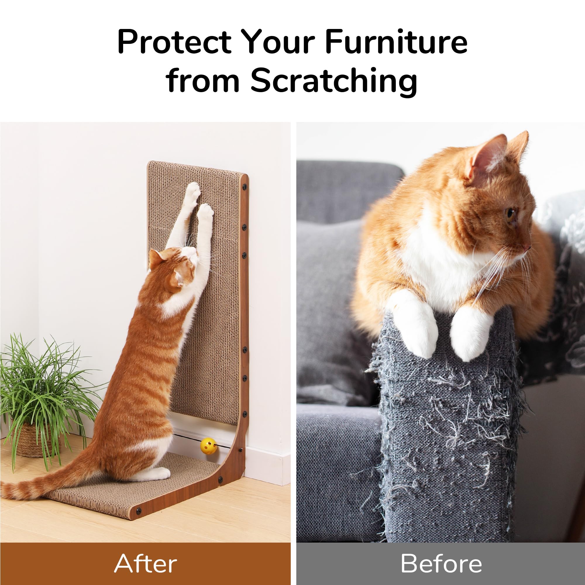 FUKUMARU Cat Scratcher, 26.8 Inch L Shaped Cat Scratch Pad for Indoor Cats | Vertical Cat Scratching Board with Ball Cat Toy, Cardboard Cat Scratcher for Wall Sofa Couch, Kitten Scratching Post, Large